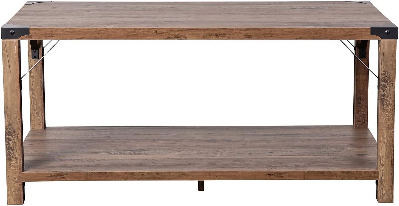 imageFlash Furniture Wyatt Modern Farmhouse 2 Tier Coffee Table Rustic Oak Engineered Wood Frame Black Metal Crisscross Side Braces and Corner AccentsRustic Oak