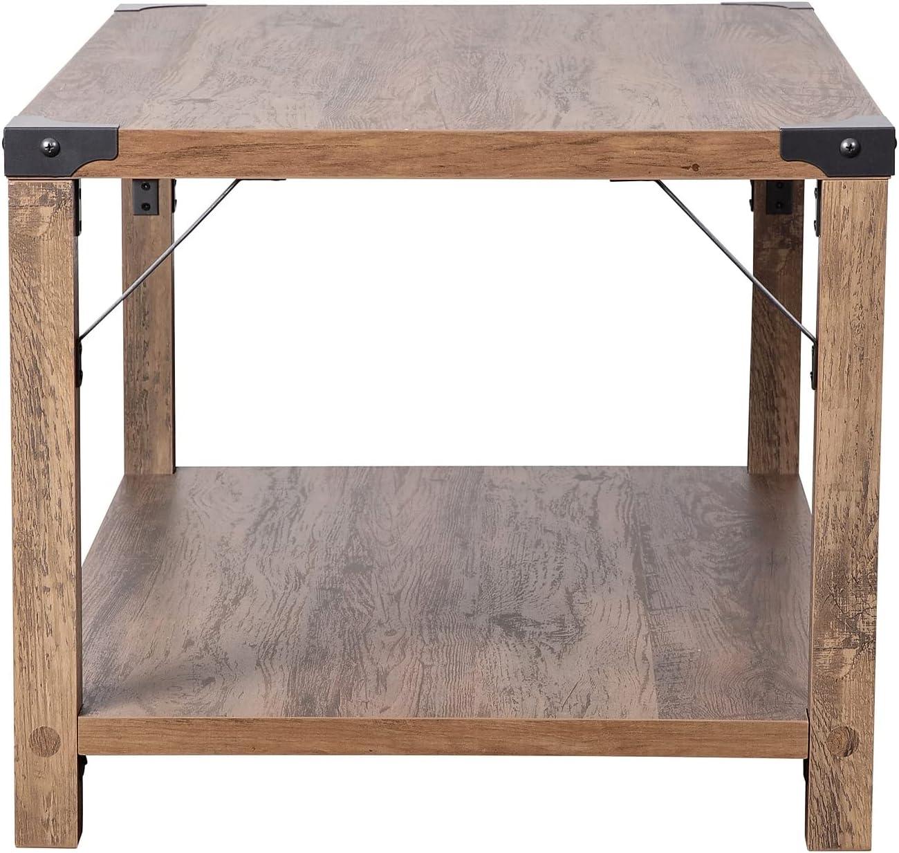 imageFlash Furniture Wyatt Modern Farmhouse 2 Tier Coffee Table Rustic Oak Engineered Wood Frame Black Metal Crisscross Side Braces and Corner AccentsRustic Oak