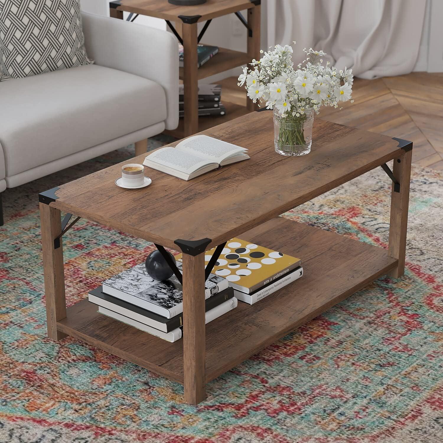 imageFlash Furniture Wyatt Modern Farmhouse 2 Tier Coffee Table Rustic Oak Engineered Wood Frame Black Metal Crisscross Side Braces and Corner AccentsRustic Oak