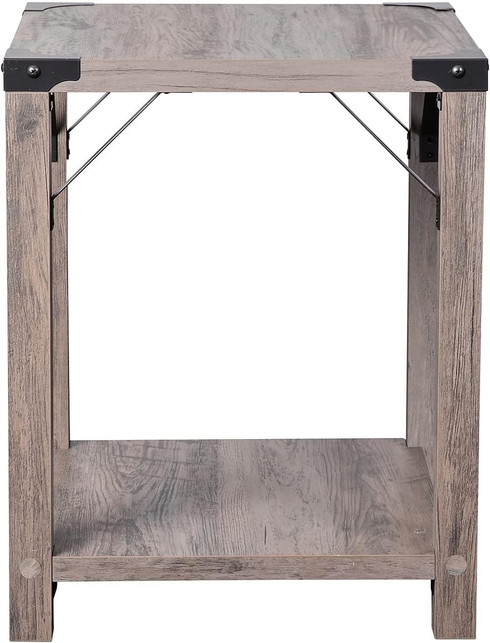 imageFlash Furniture Wyatt Modern Farmhouse 2 Tier Side Table Rustic Oak Engineered Wood Frame Black Metal Crisscross Side Braces and Corner AccentsGray Wash