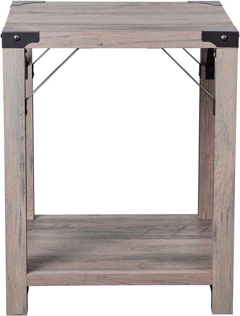 imageFlash Furniture Wyatt Modern Farmhouse 2 Tier Side Table Rustic Oak Engineered Wood Frame Black Metal Crisscross Side Braces and Corner AccentsGray Wash