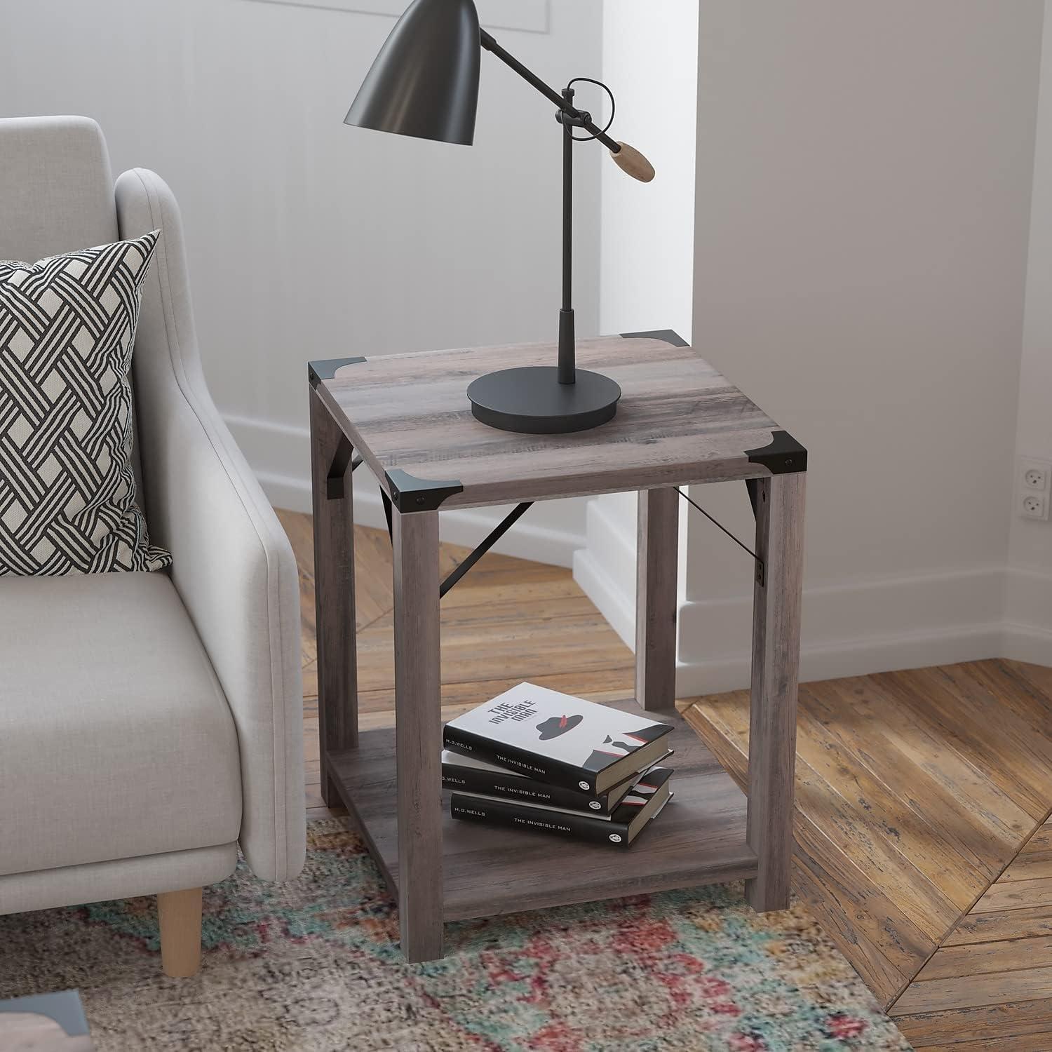 imageFlash Furniture Wyatt Modern Farmhouse 2 Tier Side Table Rustic Oak Engineered Wood Frame Black Metal Crisscross Side Braces and Corner AccentsGray Wash