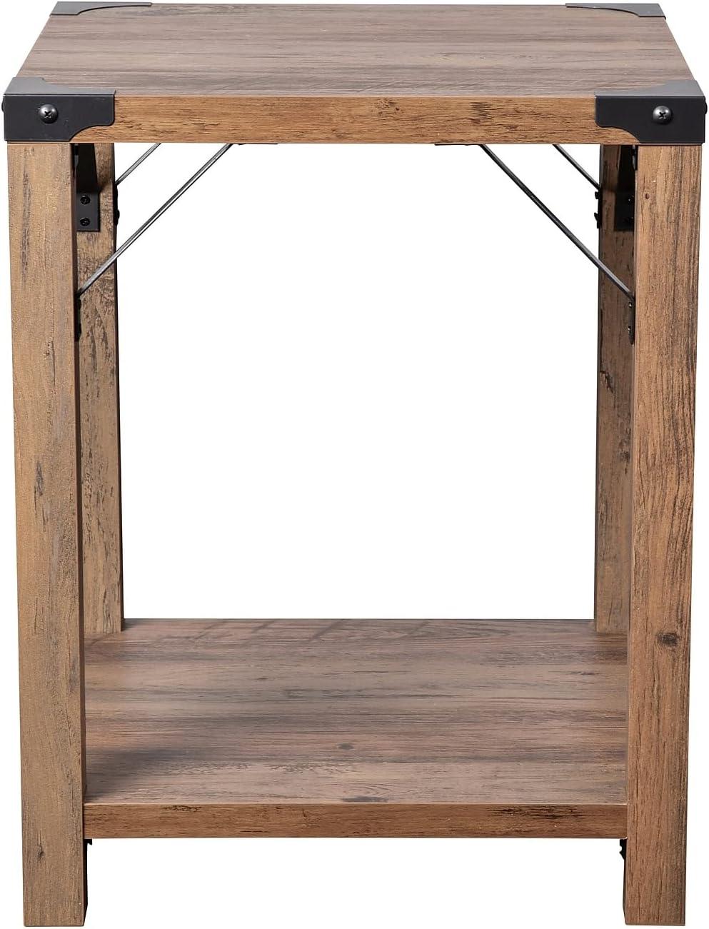 imageFlash Furniture Wyatt Modern Farmhouse 2 Tier Side Table Rustic Oak Engineered Wood Frame Black Metal Crisscross Side Braces and Corner AccentsRustic Oak