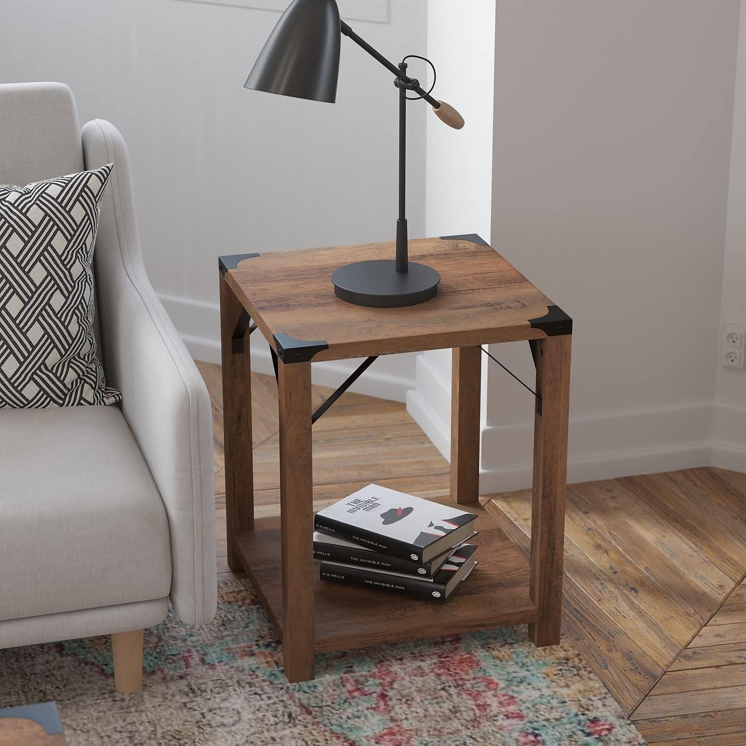 imageFlash Furniture Wyatt Modern Farmhouse 2 Tier Side Table Rustic Oak Engineered Wood Frame Black Metal Crisscross Side Braces and Corner AccentsRustic Oak