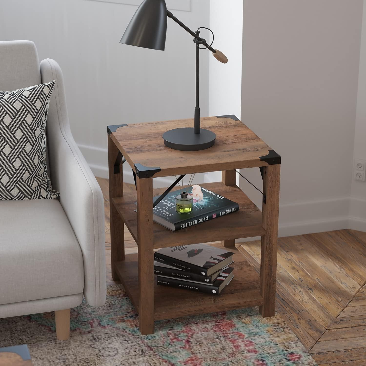 imageFlash Furniture Wyatt Modern Farmhouse 3 Tier Side Table Gray Wash Engineered Wood Frame Black Metal Crisscross Side Braces and Corner AccentsRustic Oak