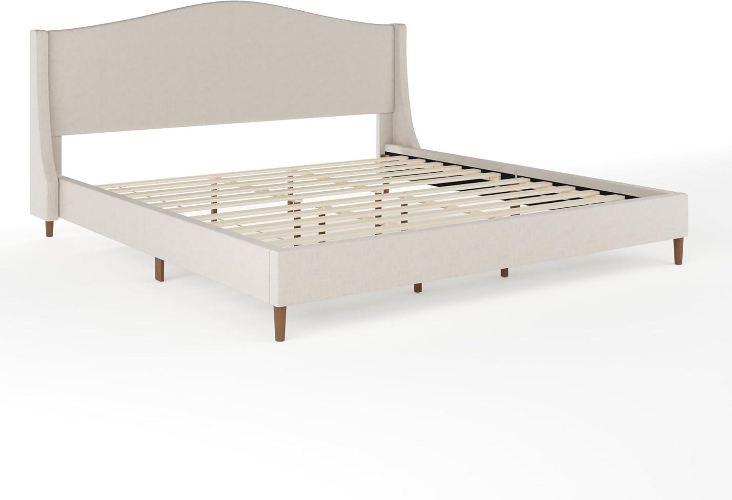 imageMartha Stewart Amelia Platform Bed with Curved Headboard and Cushioned Side Rails Boucle Upholstery Wood Slat Foundation No Box Spring Needed Queen OffWhite BoucleBeige FabricWalnut Legs