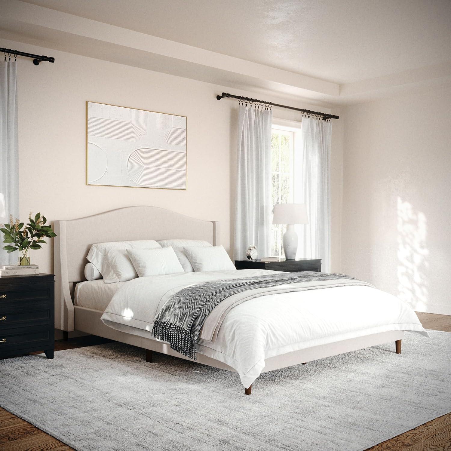 imageMartha Stewart Amelia Platform Bed with Curved Headboard and Cushioned Side Rails Boucle Upholstery Wood Slat Foundation No Box Spring Needed Queen OffWhite BoucleBeige FabricWalnut Legs