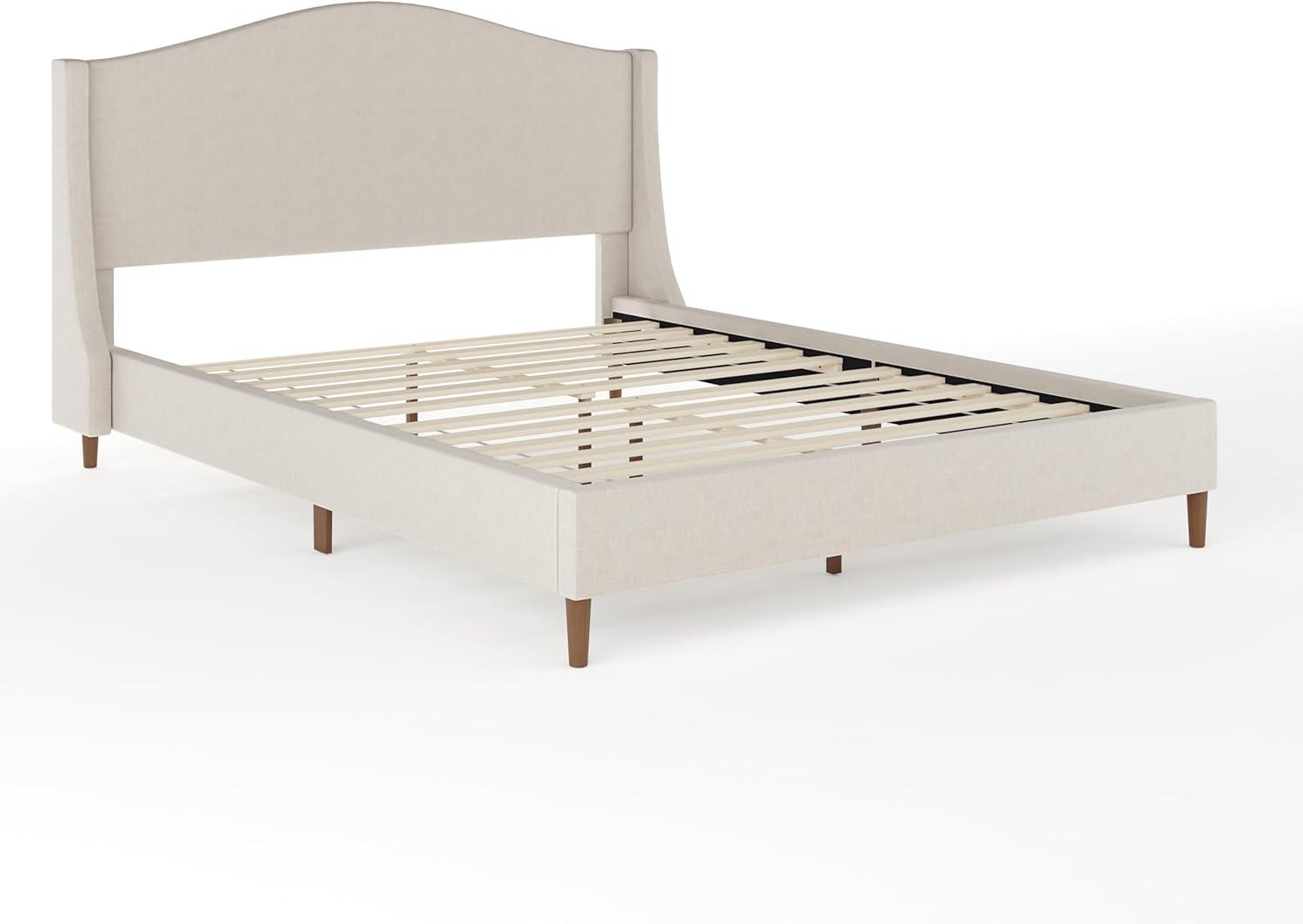 imageMartha Stewart Amelia Platform Bed with Curved Headboard and Cushioned Side Rails Boucle Upholstery Wood Slat Foundation No Box Spring Needed Queen OffWhite BoucleBeige FabricWalnut Legs