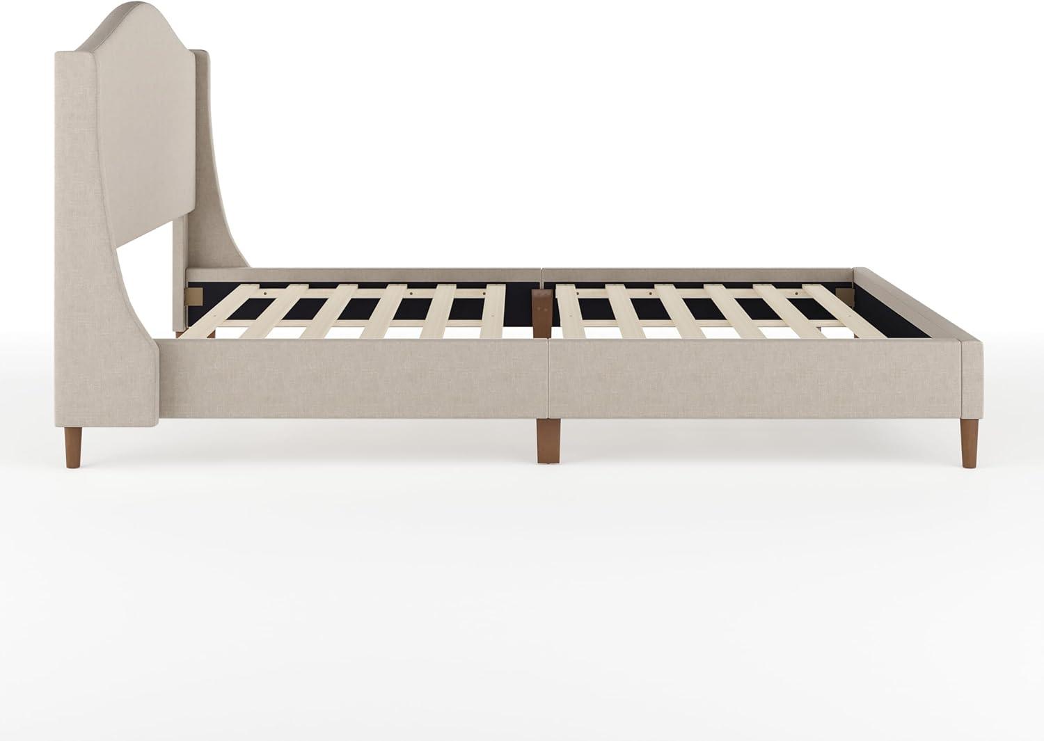 imageMartha Stewart Amelia Platform Bed with Curved Headboard and Cushioned Side Rails Boucle Upholstery Wood Slat Foundation No Box Spring Needed Queen OffWhite BoucleBeige FabricWalnut Legs