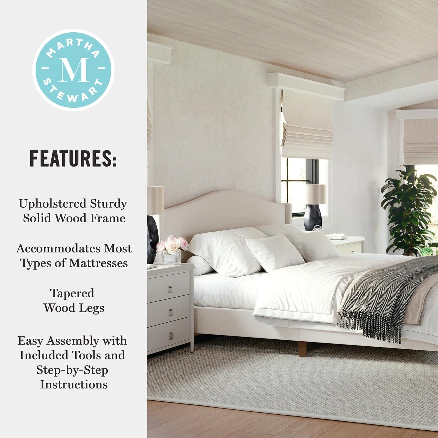 imageMartha Stewart Amelia Platform Bed with Curved Headboard and Cushioned Side Rails Boucle Upholstery Wood Slat Foundation No Box Spring Needed Queen OffWhite BoucleBeige FabricWalnut Legs