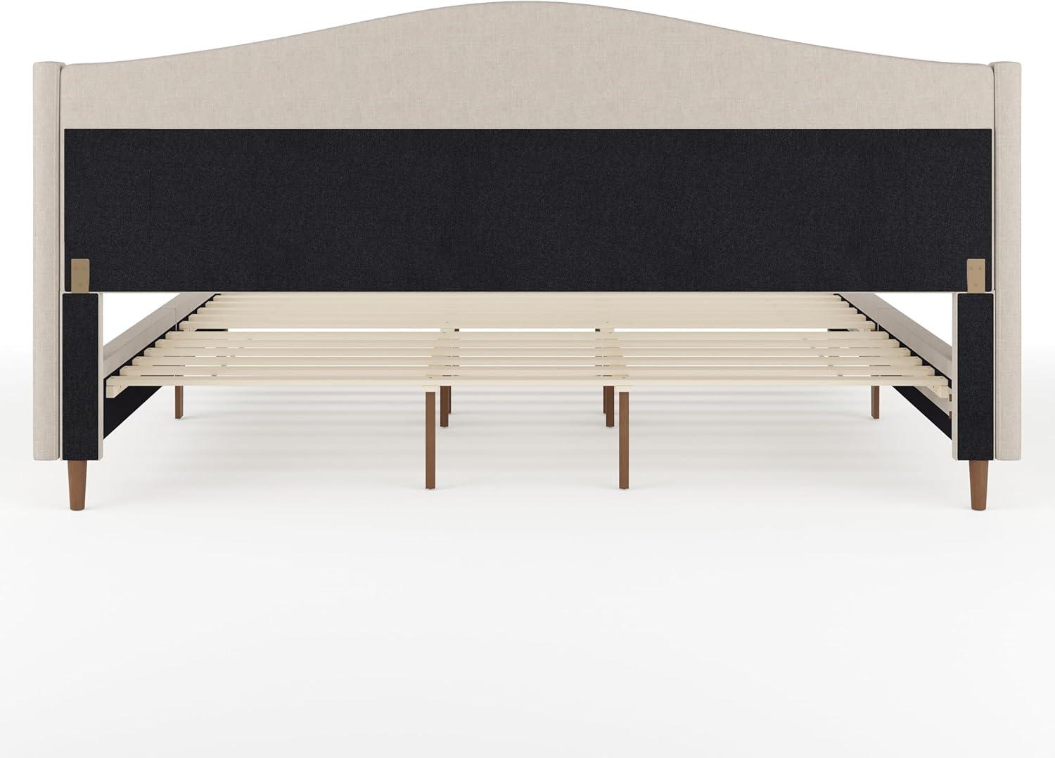 imageMartha Stewart Amelia Platform Bed with Curved Headboard and Cushioned Side Rails Boucle Upholstery Wood Slat Foundation No Box Spring Needed Queen OffWhite BoucleBeige FabricWalnut Legs
