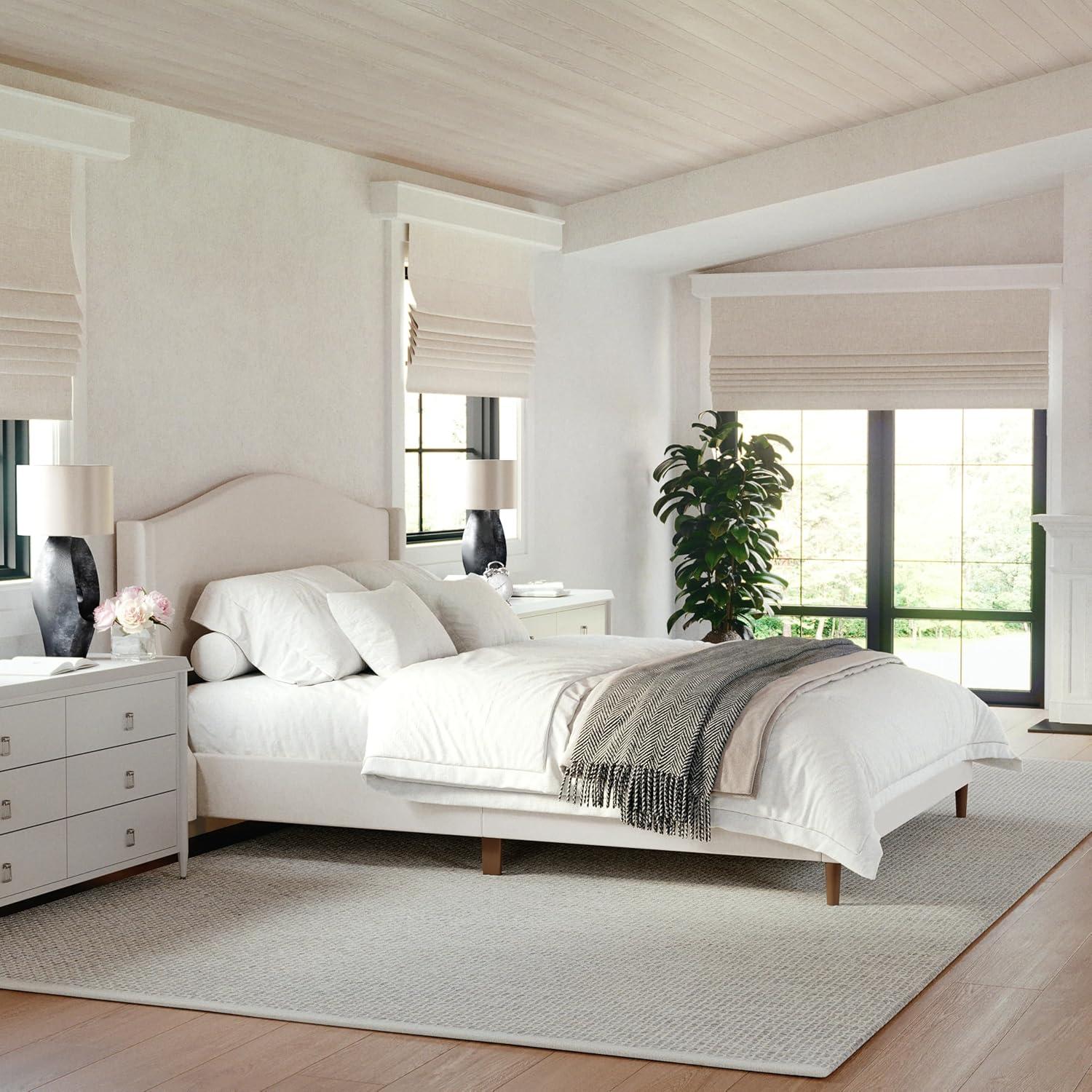 imageMartha Stewart Amelia Platform Bed with Curved Headboard and Cushioned Side Rails Boucle Upholstery Wood Slat Foundation No Box Spring Needed Queen OffWhite BoucleBeige FabricWalnut Legs