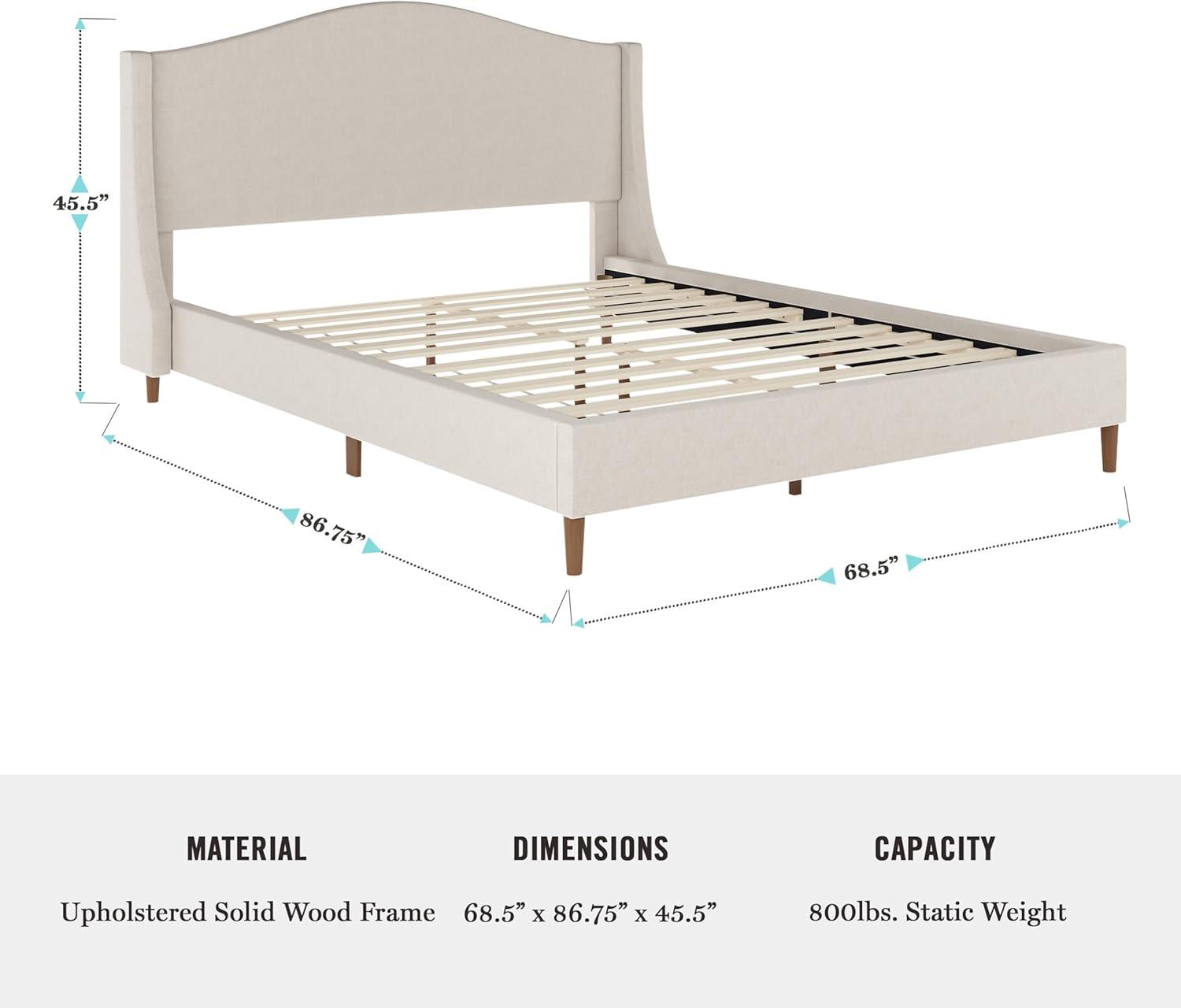 imageMartha Stewart Amelia Platform Bed with Curved Headboard and Cushioned Side Rails Boucle Upholstery Wood Slat Foundation No Box Spring Needed Queen OffWhite BoucleBeige FabricWalnut Legs
