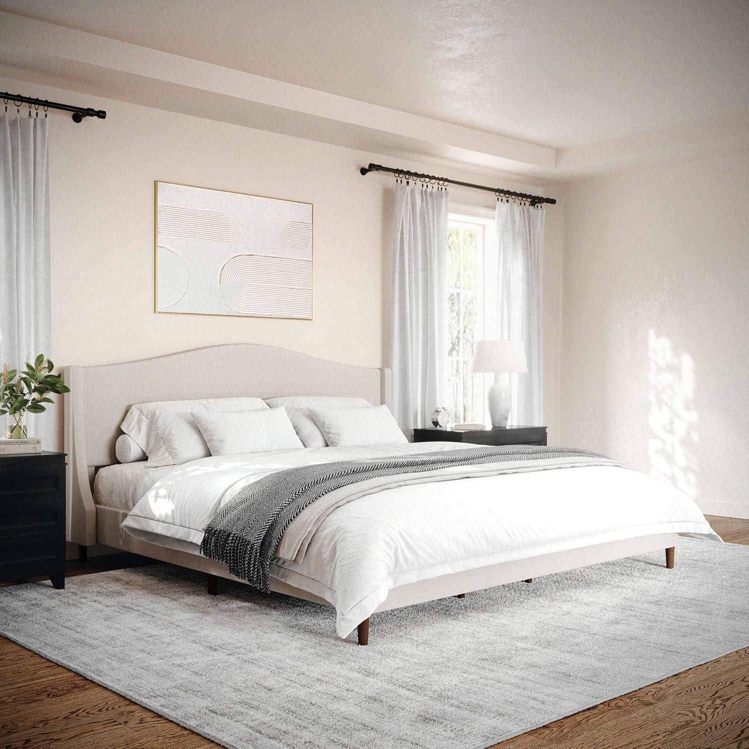 imageMartha Stewart Amelia Platform Bed with Curved Headboard and Cushioned Side Rails Boucle Upholstery Wood Slat Foundation No Box Spring Needed Queen OffWhite BoucleBeige FabricWalnut Legs