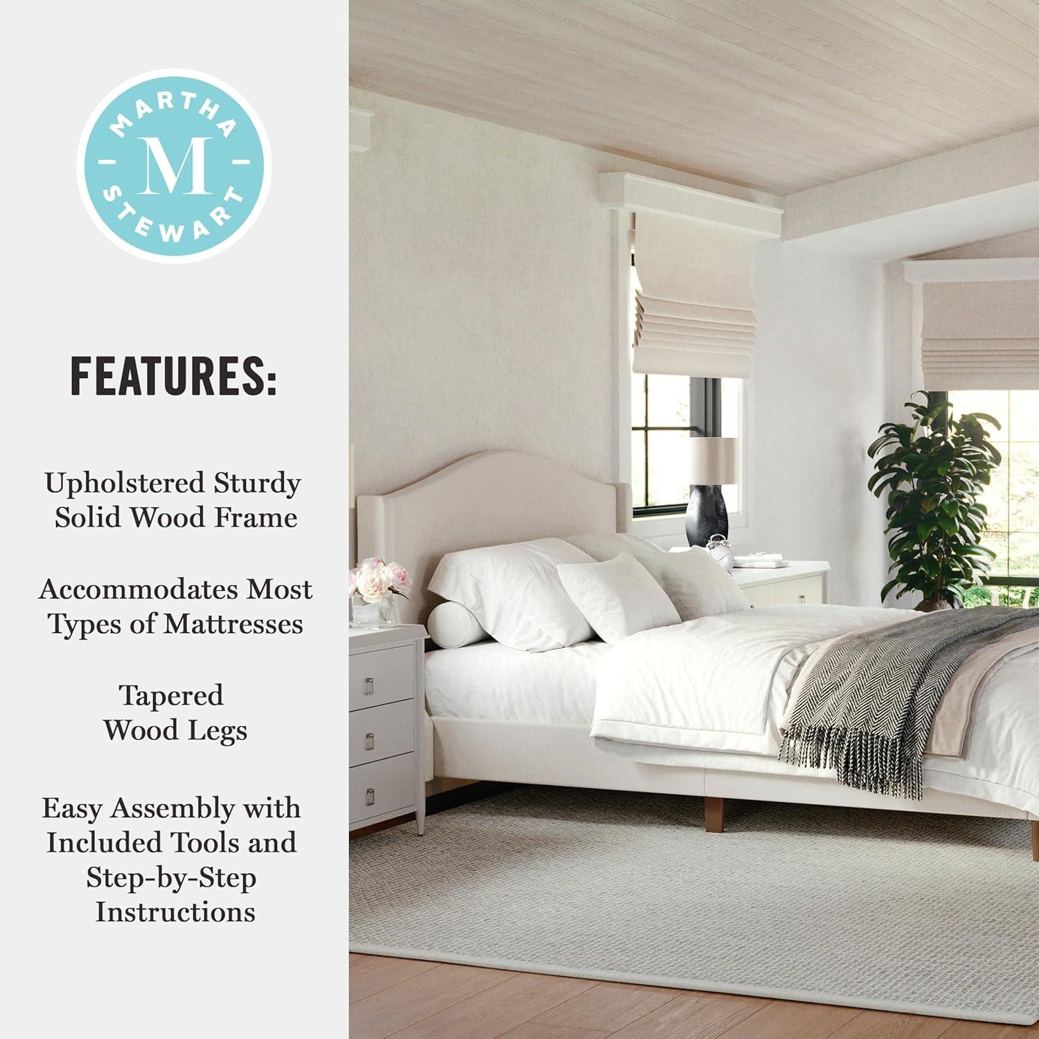 imageMartha Stewart Amelia Platform Bed with Curved Headboard and Cushioned Side Rails Boucle Upholstery Wood Slat Foundation No Box Spring Needed Queen OffWhite BoucleBeige FabricWalnut Legs