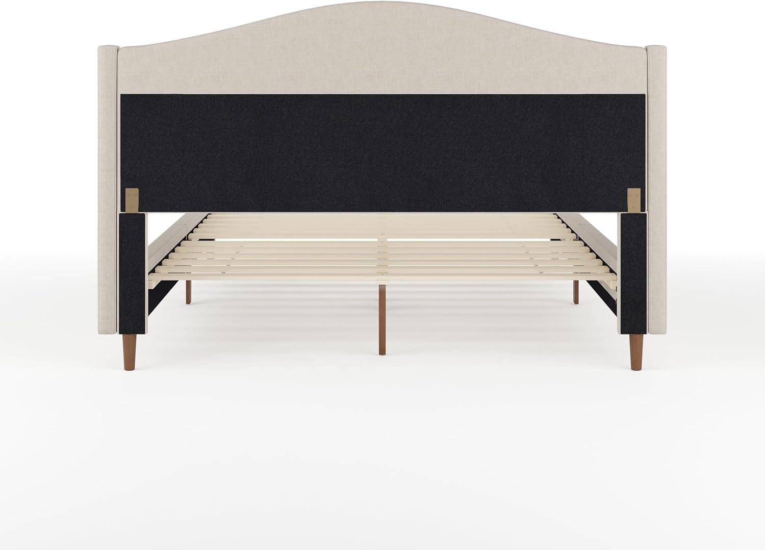 imageMartha Stewart Amelia Platform Bed with Curved Headboard and Cushioned Side Rails Boucle Upholstery Wood Slat Foundation No Box Spring Needed Queen OffWhite BoucleBeige FabricWalnut Legs