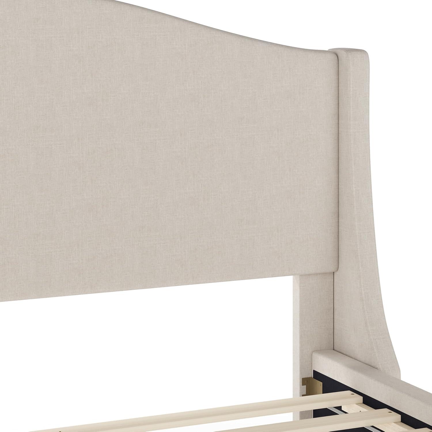imageMartha Stewart Amelia Platform Bed with Curved Headboard and Cushioned Side Rails Boucle Upholstery Wood Slat Foundation No Box Spring Needed Queen OffWhite BoucleBeige FabricWalnut Legs