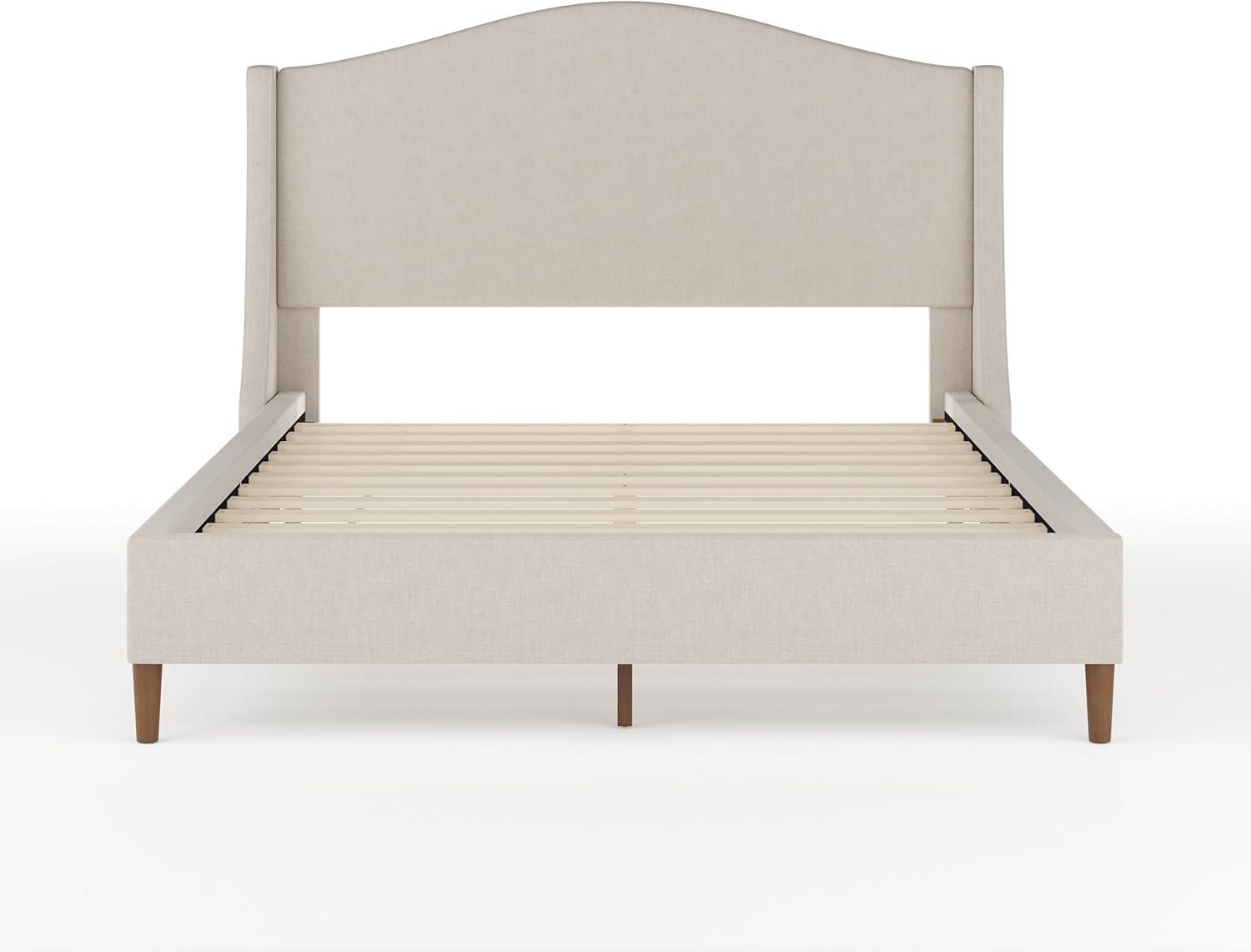 imageMartha Stewart Amelia Platform Bed with Curved Headboard and Cushioned Side Rails Boucle Upholstery Wood Slat Foundation No Box Spring Needed Queen OffWhite BoucleBeige FabricWalnut Legs