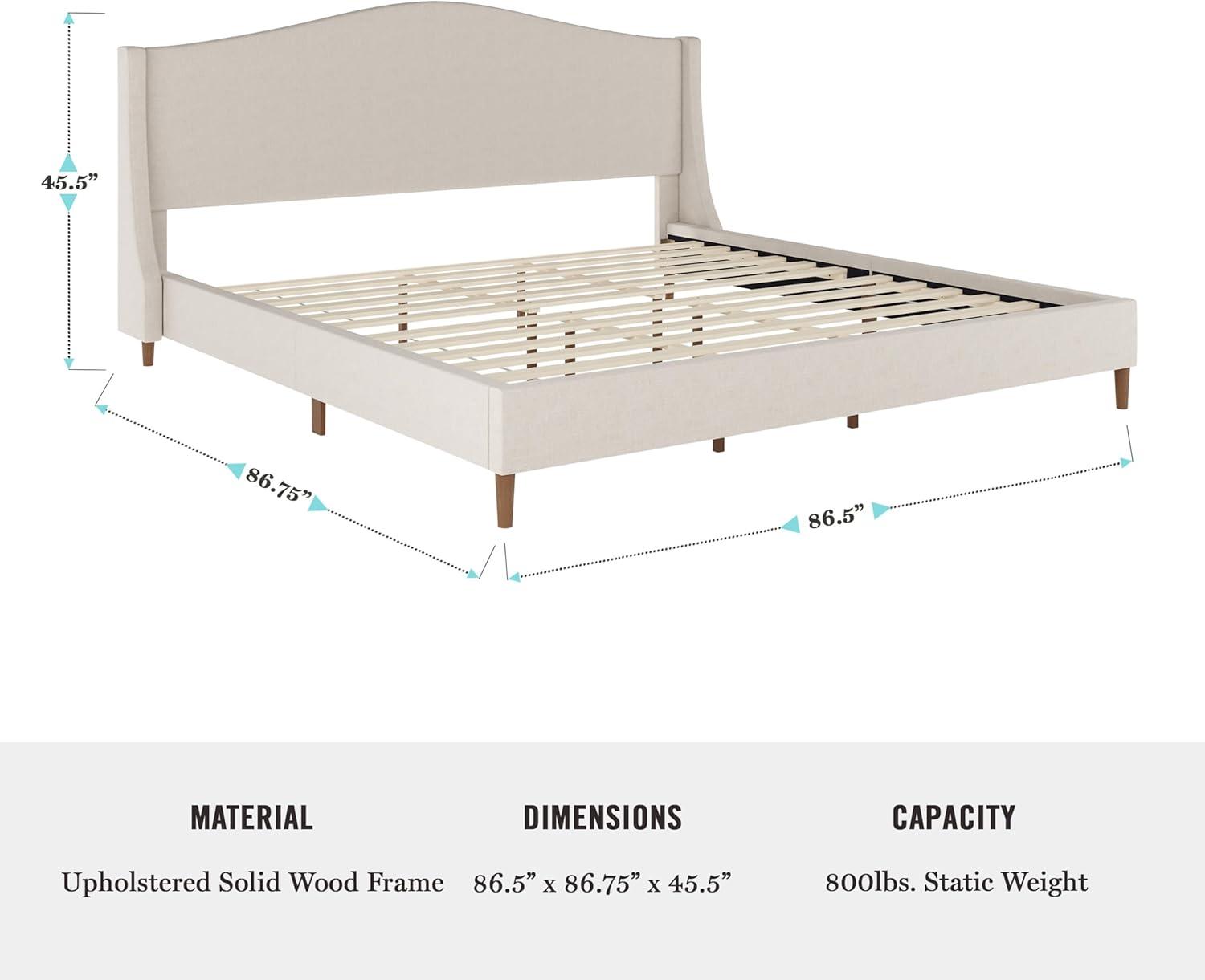 imageMartha Stewart Amelia Platform Bed with Curved Headboard and Cushioned Side Rails Boucle Upholstery Wood Slat Foundation No Box Spring Needed Queen OffWhite BoucleBeige FabricWalnut Legs
