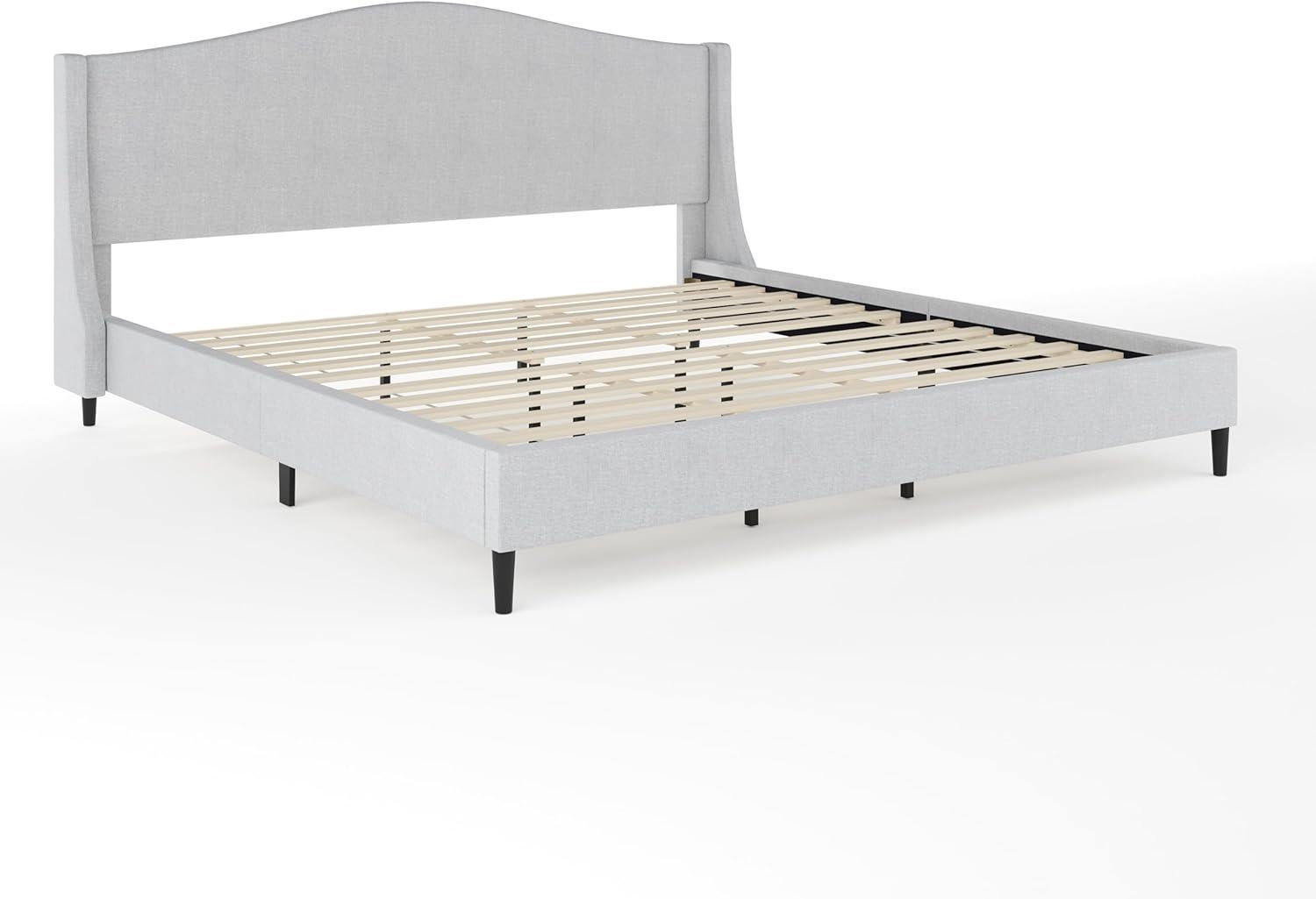 imageMartha Stewart Amelia Platform Bed with Curved Headboard and Cushioned Side Rails Boucle Upholstery Wood Slat Foundation No Box Spring Needed Queen OffWhite BoucleGray FabricBlack Legs