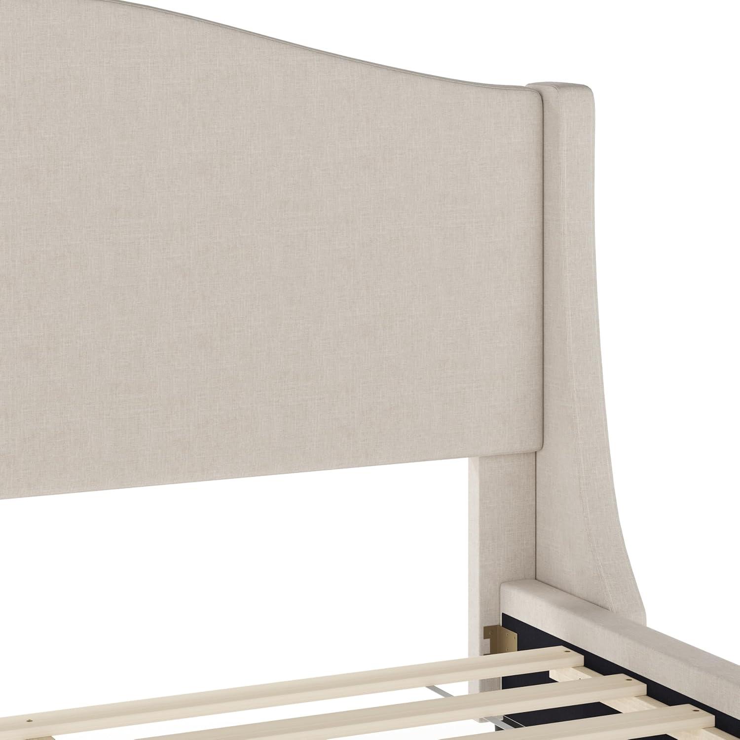 imageMartha Stewart Amelia Platform Bed with Curved Headboard and Cushioned Side Rails Boucle Upholstery Wood Slat Foundation No Box Spring Needed Queen OffWhite BoucleBeige FabricWalnut Legs