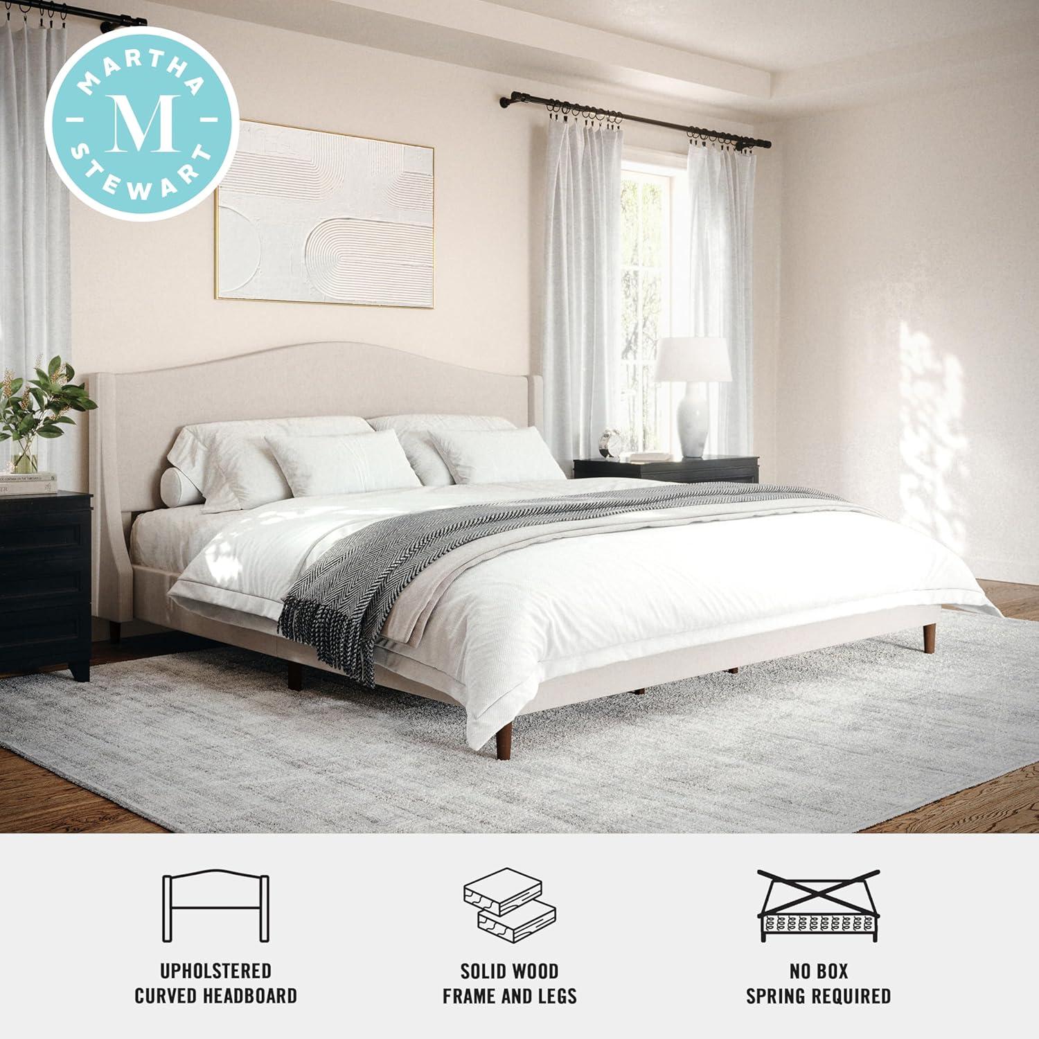 imageMartha Stewart Amelia Platform Bed with Curved Headboard and Cushioned Side Rails Boucle Upholstery Wood Slat Foundation No Box Spring Needed Queen OffWhite BoucleBeige FabricWalnut Legs