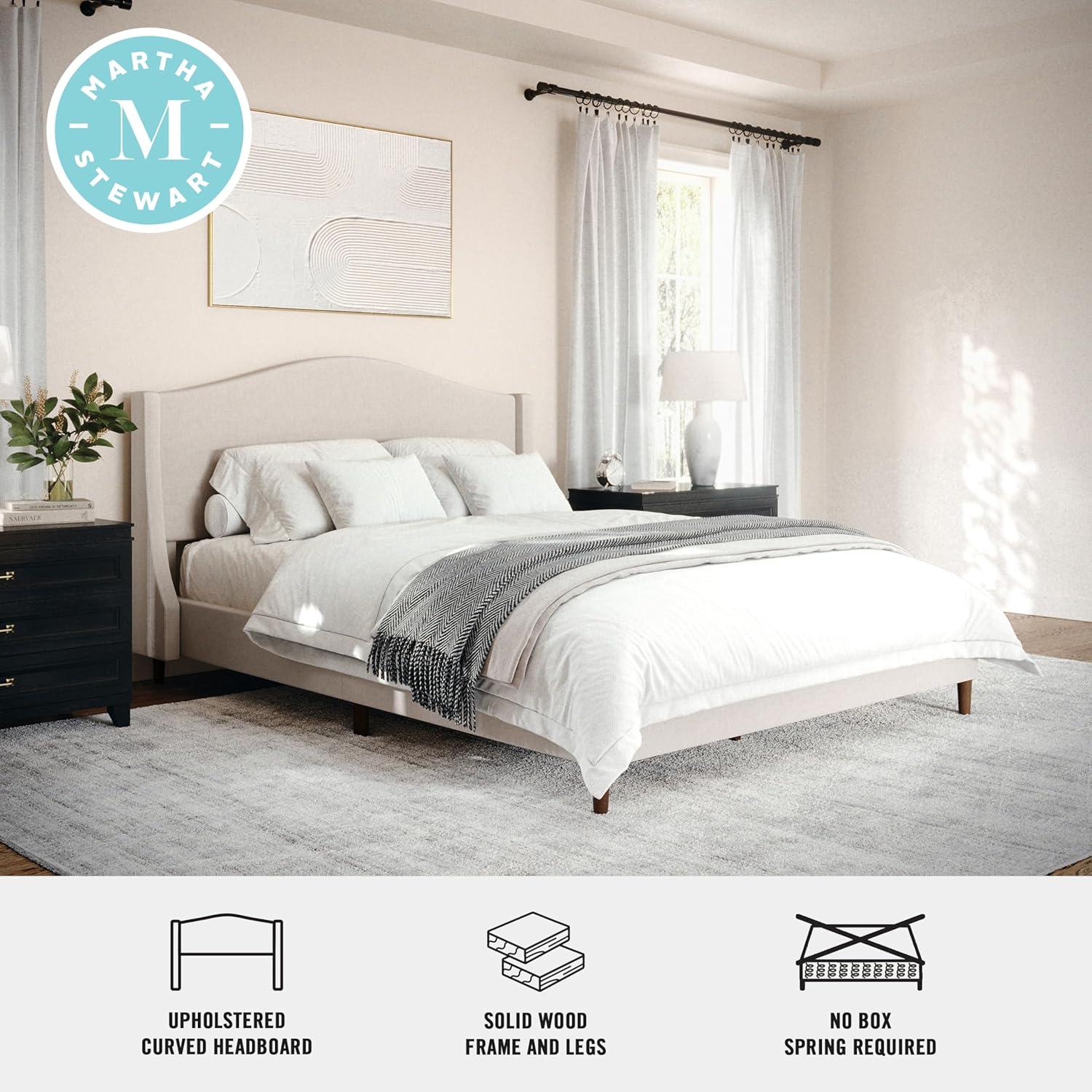 imageMartha Stewart Amelia Platform Bed with Curved Headboard and Cushioned Side Rails Boucle Upholstery Wood Slat Foundation No Box Spring Needed Queen OffWhite BoucleBeige FabricWalnut Legs