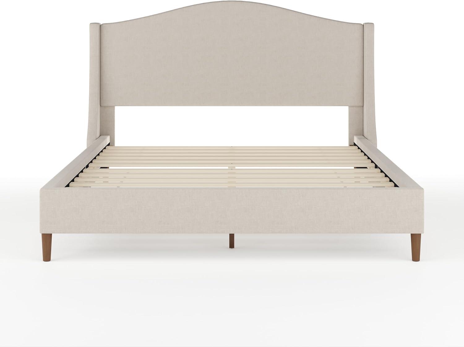 imageMartha Stewart Amelia Platform Bed with Curved Headboard and Cushioned Side Rails Boucle Upholstery Wood Slat Foundation No Box Spring Needed Queen OffWhite BoucleBeige FabricWalnut Legs