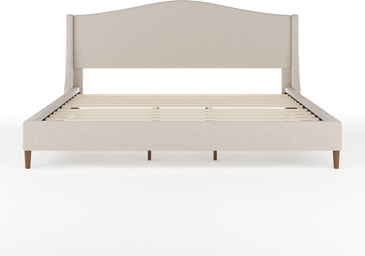 imageMartha Stewart Amelia Platform Bed with Curved Headboard and Cushioned Side Rails Boucle Upholstery Wood Slat Foundation No Box Spring Needed Queen OffWhite BoucleBeige FabricWalnut Legs