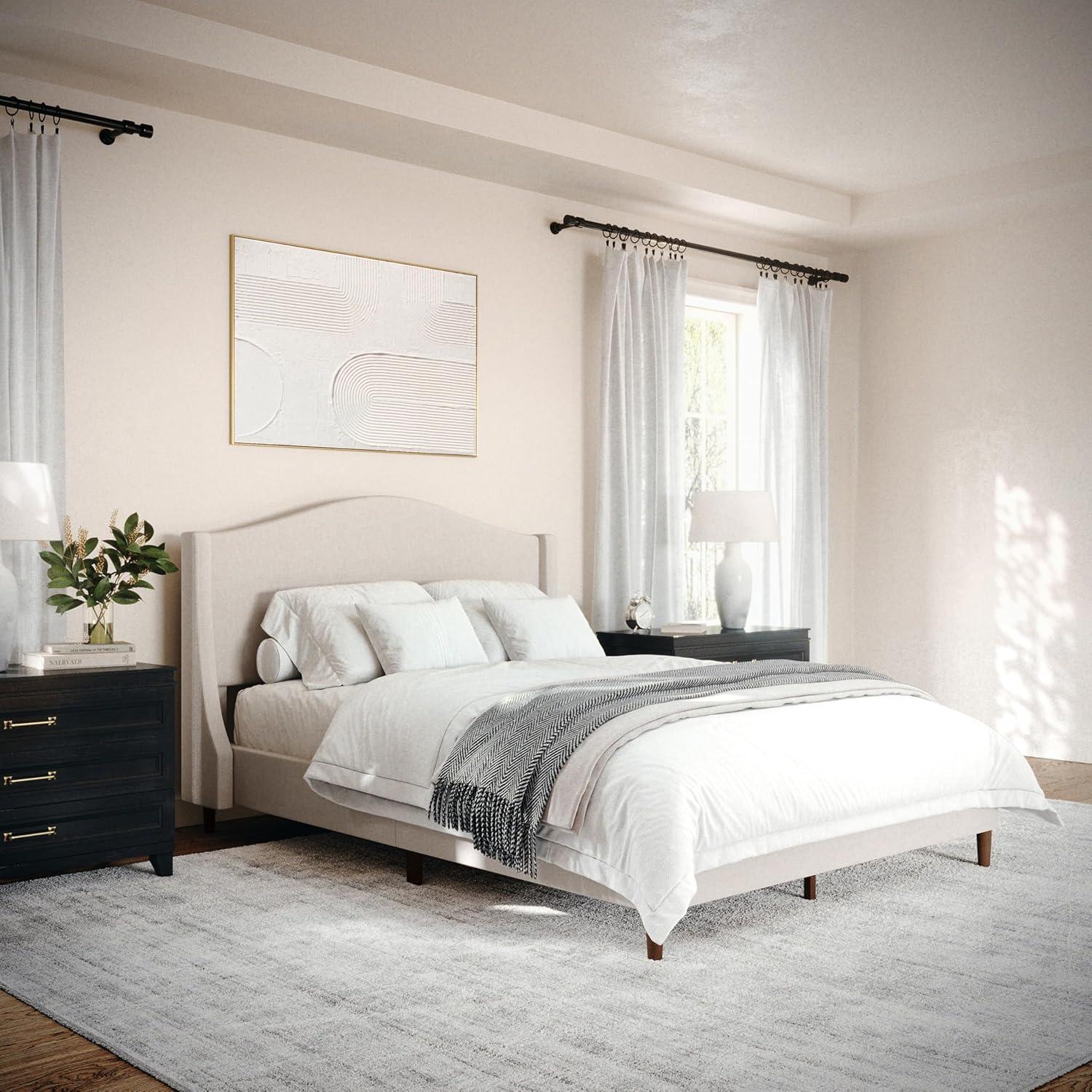 imageMartha Stewart Amelia Platform Bed with Curved Headboard and Cushioned Side Rails Boucle Upholstery Wood Slat Foundation No Box Spring Needed Queen OffWhite BoucleBeige FabricWalnut Legs