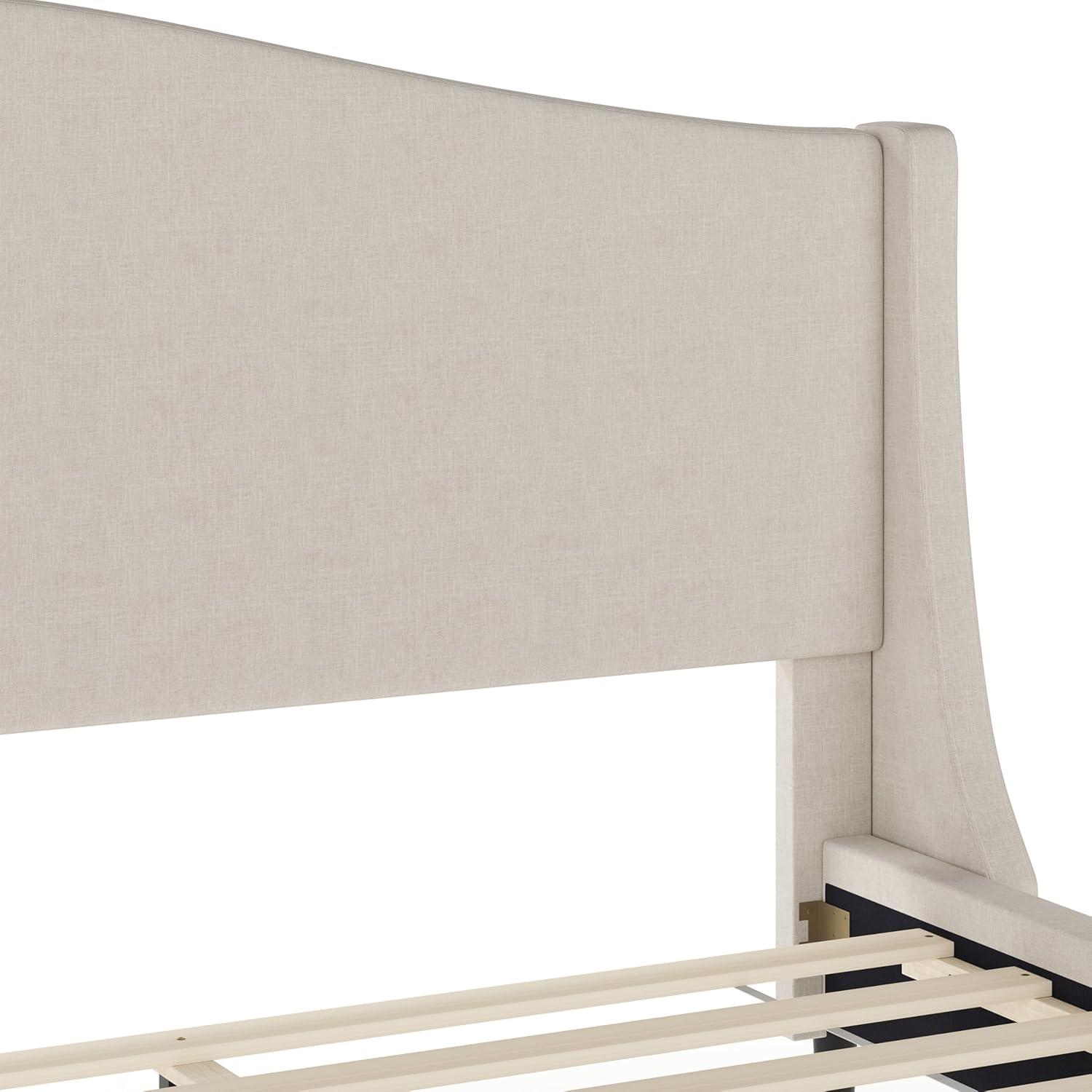imageMartha Stewart Amelia Platform Bed with Curved Headboard and Cushioned Side Rails Boucle Upholstery Wood Slat Foundation No Box Spring Needed Queen OffWhite BoucleBeige FabricWalnut Legs