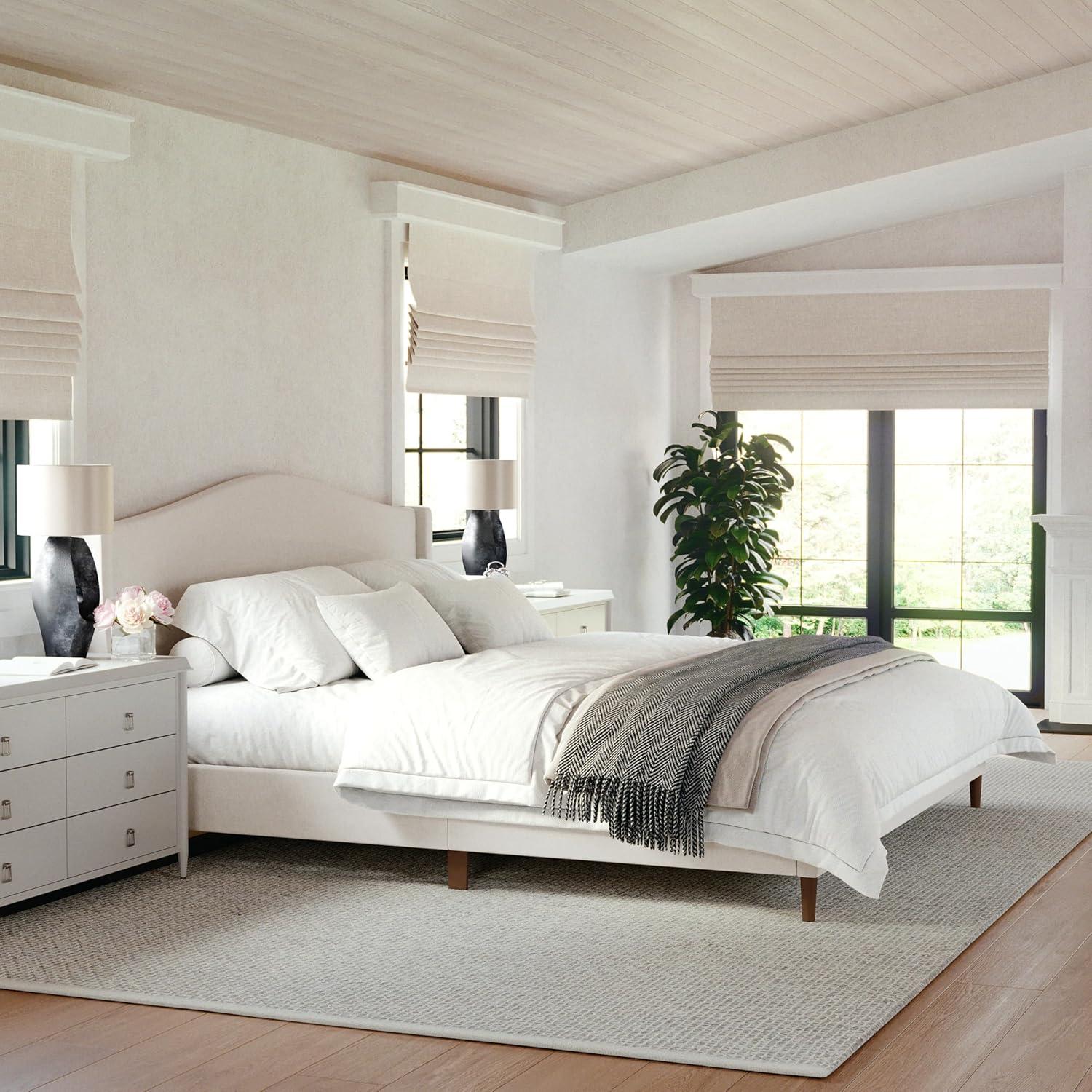 imageMartha Stewart Amelia Platform Bed with Curved Headboard and Cushioned Side Rails Boucle Upholstery Wood Slat Foundation No Box Spring Needed Queen OffWhite BoucleBeige FabricWalnut Legs