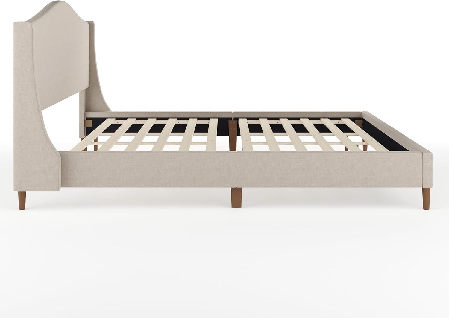 imageMartha Stewart Amelia Platform Bed with Curved Headboard and Cushioned Side Rails Boucle Upholstery Wood Slat Foundation No Box Spring Needed Queen OffWhite BoucleBeige FabricWalnut Legs