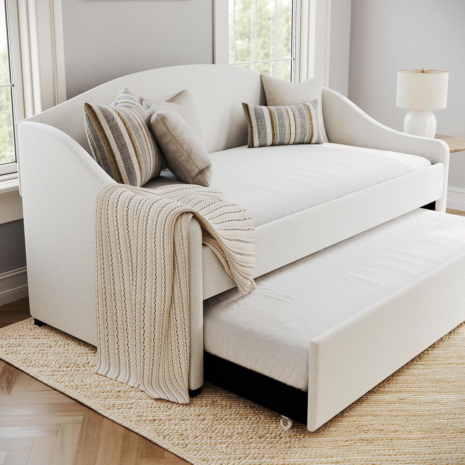 imageMartha Stewart Anya Twin Size Trundle Bed Upholstered Daybed with Arched Siderail and PullOut Trundle SpaceSaving Design Sturdy Wood Frame No Box Spring Required OffWhite