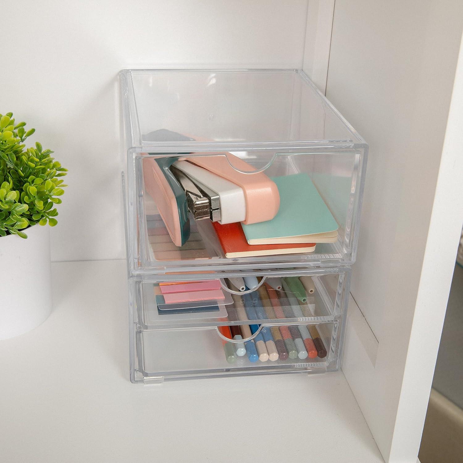 imageMartha Stewart Brody 2 Pack Desk Organizers Single Drawer Box and 2 Drawer Box Stackable Plastic Storage for Office Bathroom Countertop Dorm 6quot x 75quot Clear