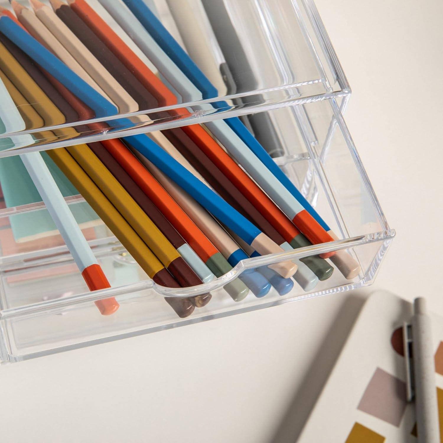 imageMartha Stewart Brody Desk Organizer with Drawer Stackable Plastic Desk Storage Box Organizer for Office Bathroom Countertop or Dorm 6quot x 75quot 2 Pack Clear6 x 75