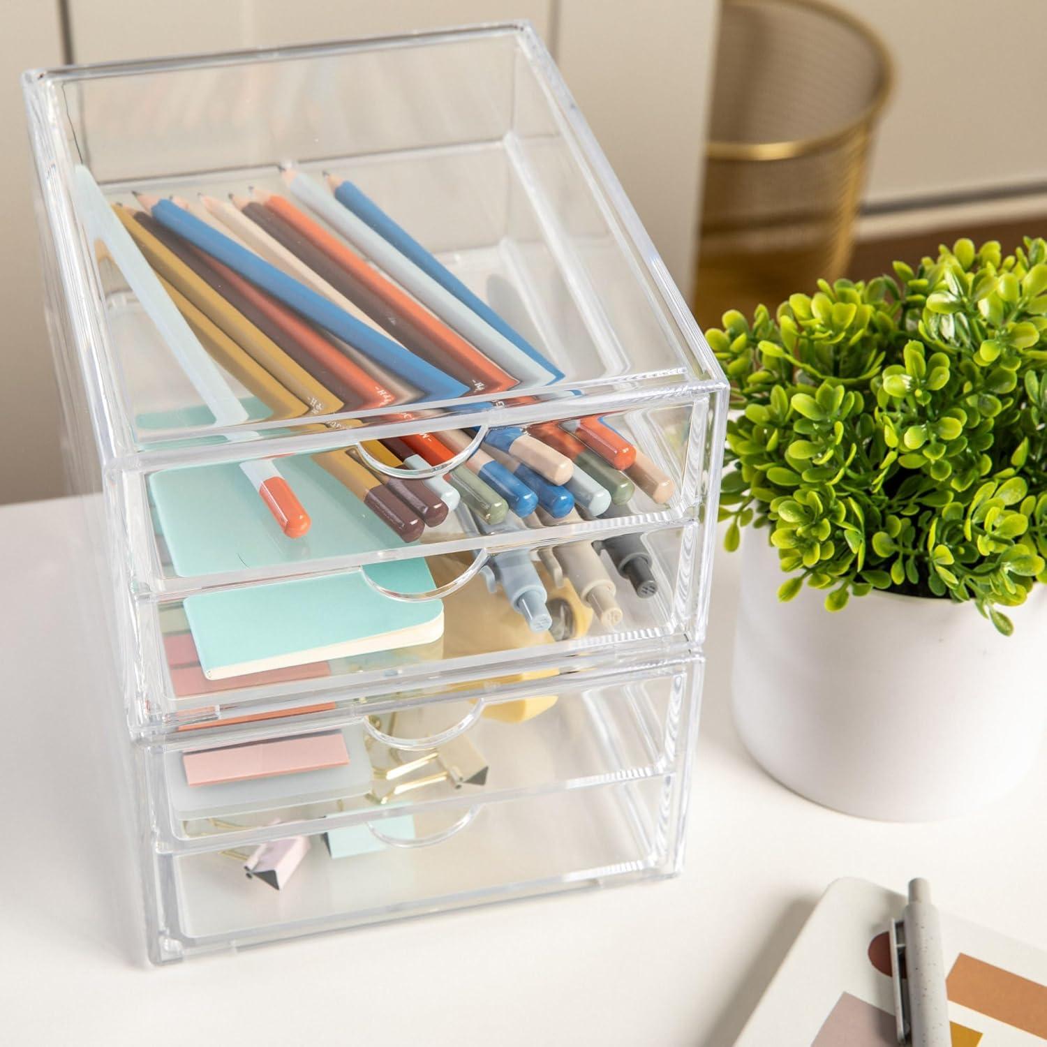 imageMartha Stewart Brody Desk Organizer with Drawer Stackable Plastic Desk Storage Box Organizer for Office Bathroom Countertop or Dorm 6quot x 75quot 2 Pack Clear6 x 75