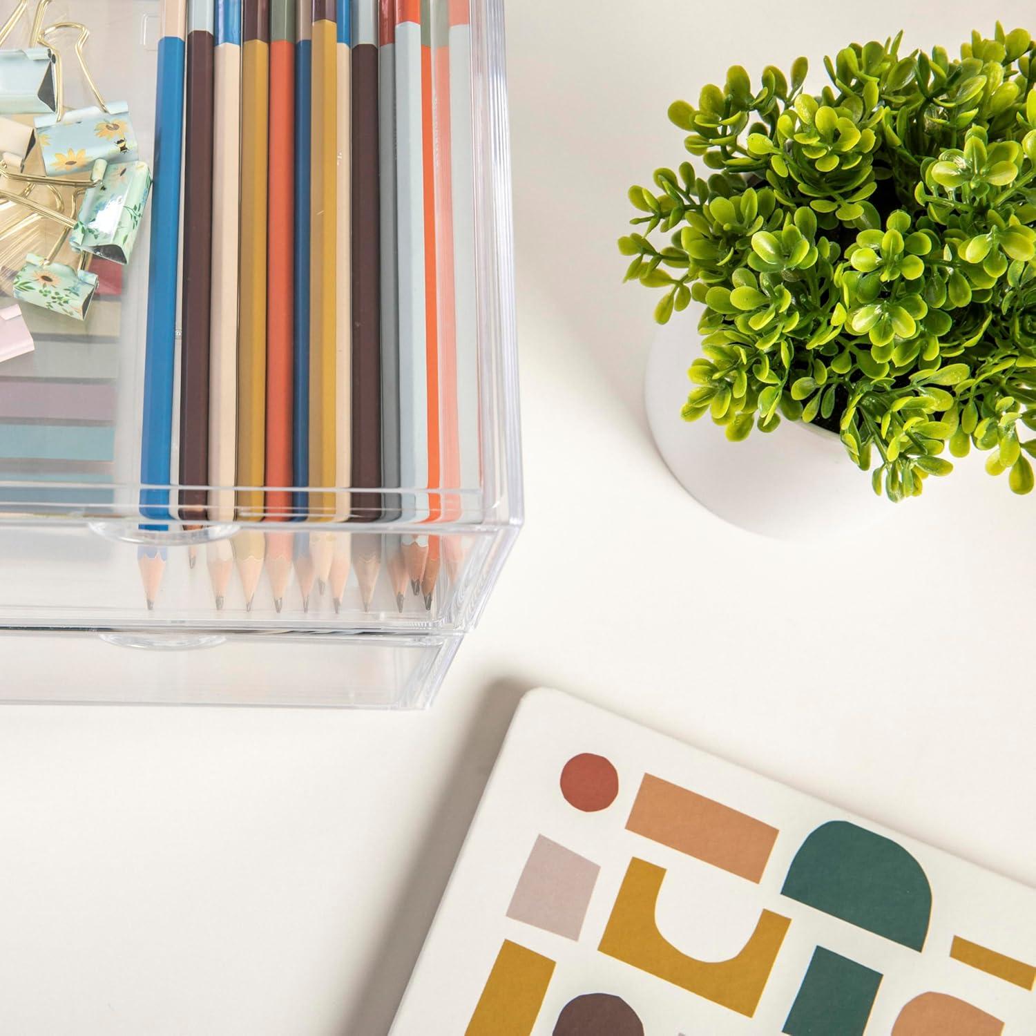 imageMartha Stewart Brody Desk Organizer with Drawer Stackable Plastic Desk Storage Box Organizer for Office Bathroom Countertop or Dorm 6quot x 75quot 2 Pack Clear6 x 75