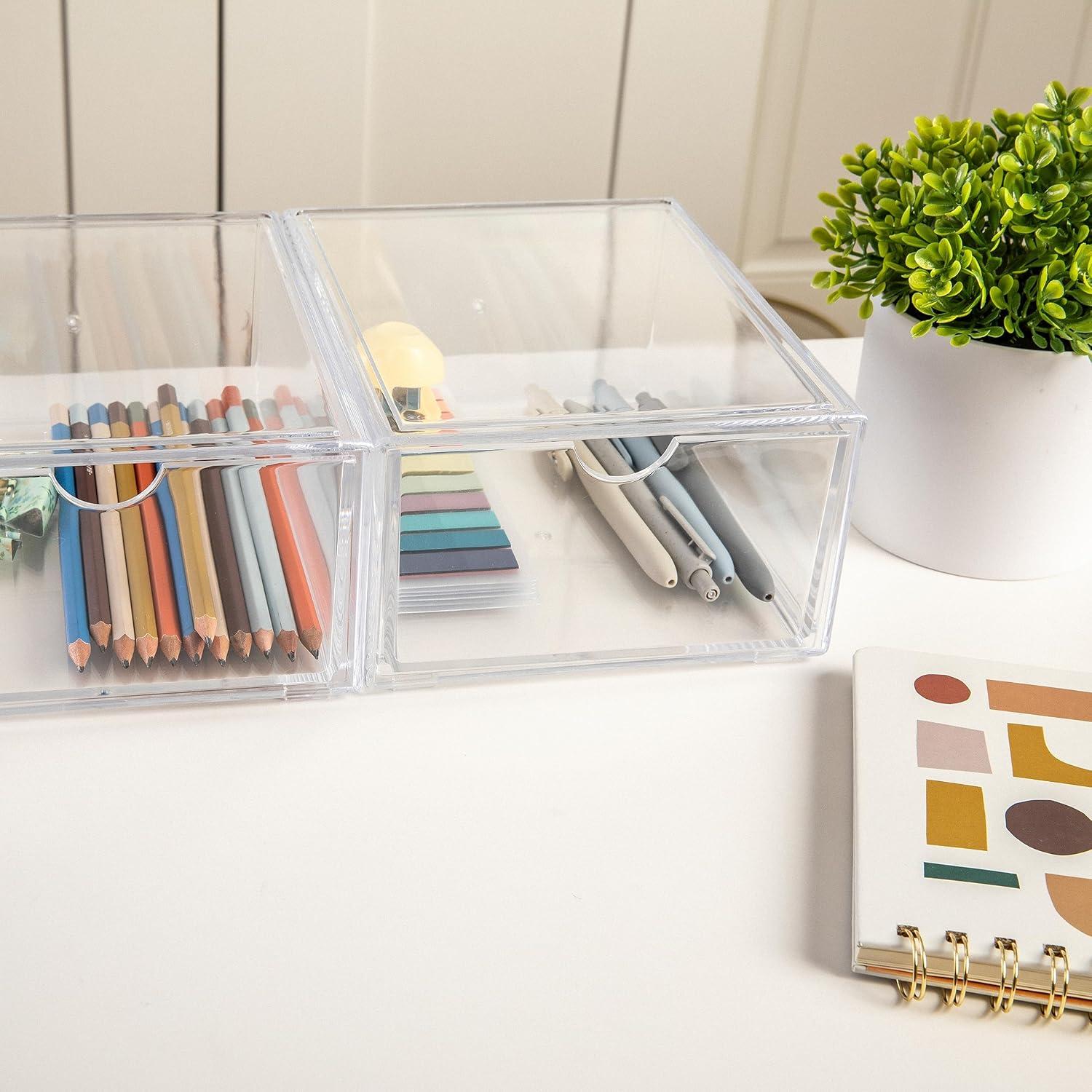 imageMartha Stewart Brody Desk Organizer with Drawer Stackable Plastic Desk Storage Box Organizer for Office Bathroom Countertop or Dorm 6quot x 75quot 2 Pack Clear6 x 75