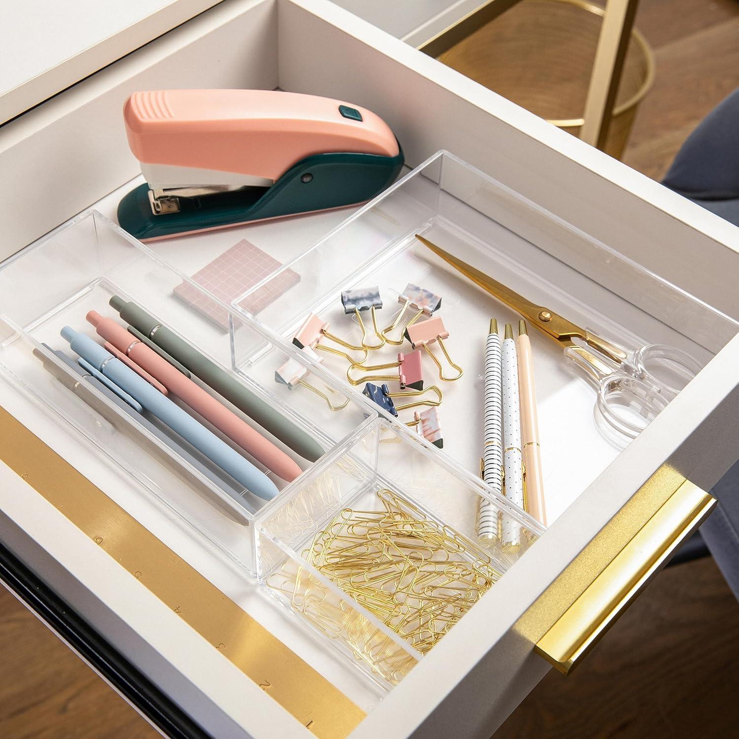 imageMartha Stewart Brody Desktop Storage Organizer Stack and Slide Plastic Organizer Tray Organizer for Office Kitchen or Vanity 3quot x 375quot Clear1S 1M 1L