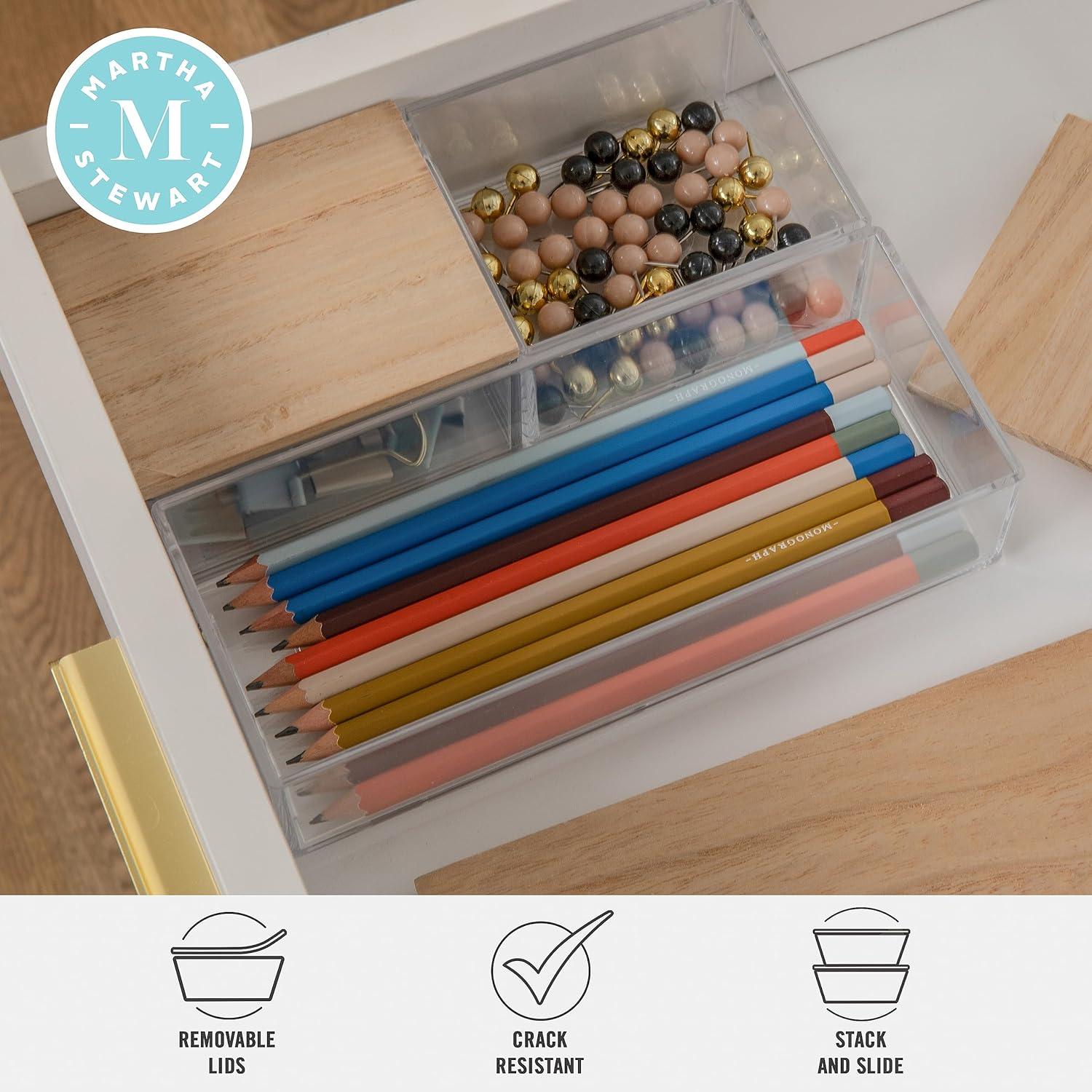 imageMartha Stewart Brody Plastic Storage Organizer Bins with Engineered Wood Lids for Home OfficeKitchen orBathroom 3 Pack 2Small1Medium ClearWhiteClearLight Natural