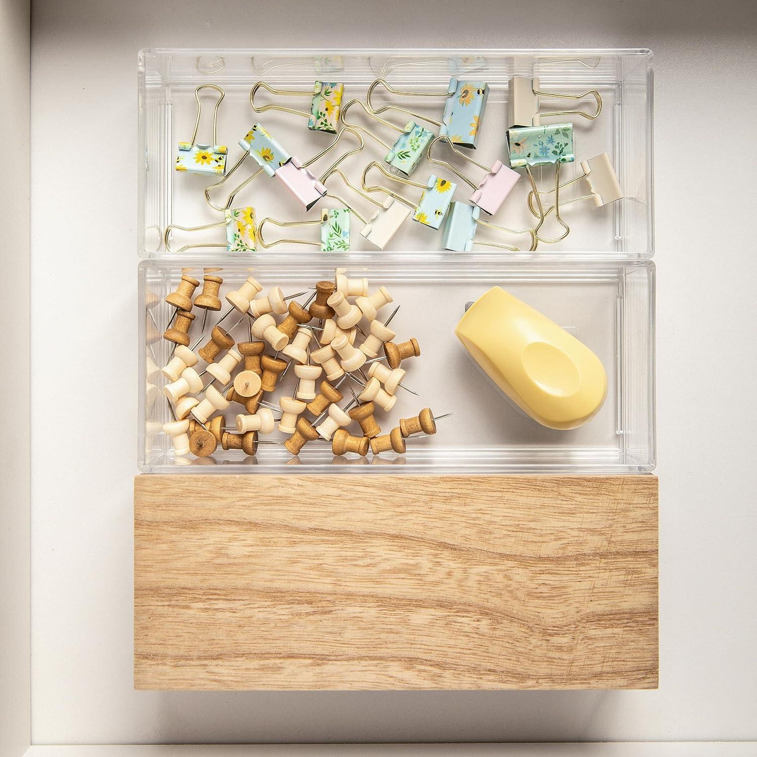 imageMartha Stewart Brody Plastic Storage Organizer Bins with Engineered Wood Lids for Home OfficeKitchen orBathroom 3 Pack 2Small1Medium ClearWhiteClearLight Natural