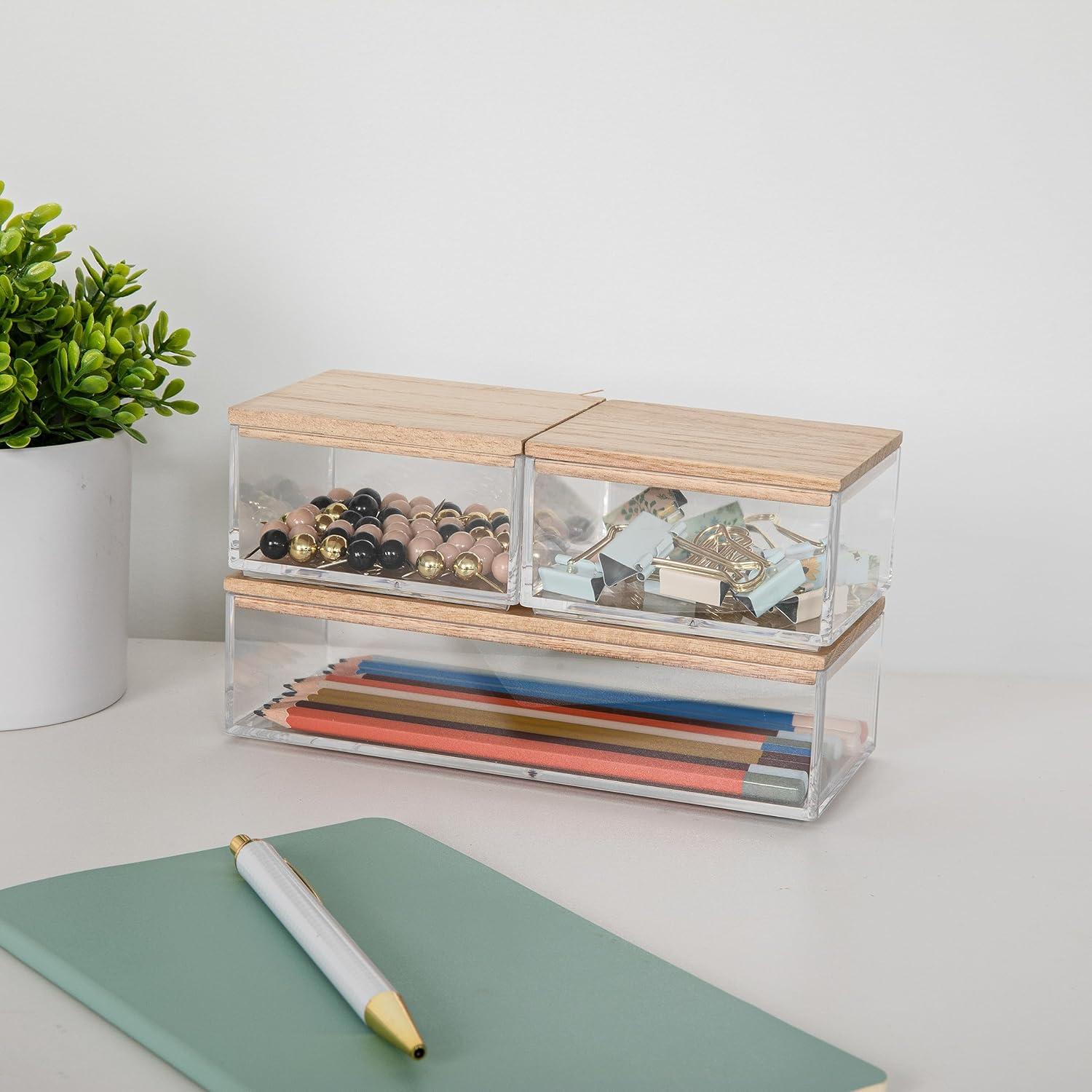 imageMartha Stewart Brody Plastic Storage Organizer Bins with Engineered Wood Lids for Home OfficeKitchen orBathroom 3 Pack 2Small1Medium ClearWhiteClearLight Natural