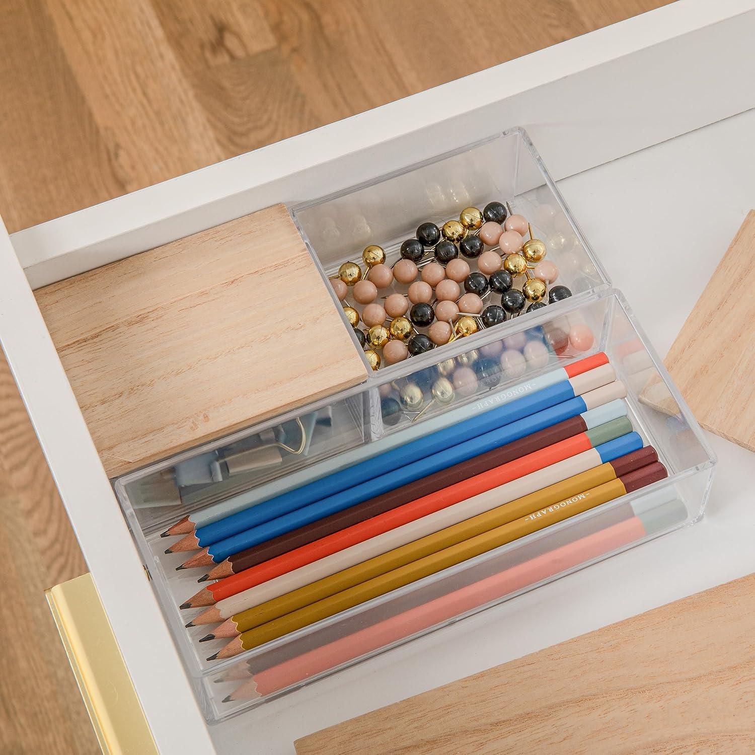 imageMartha Stewart Brody Plastic Storage Organizer Bins with Engineered Wood Lids for Home OfficeKitchen orBathroom 3 Pack 2Small1Medium ClearWhiteClearLight Natural