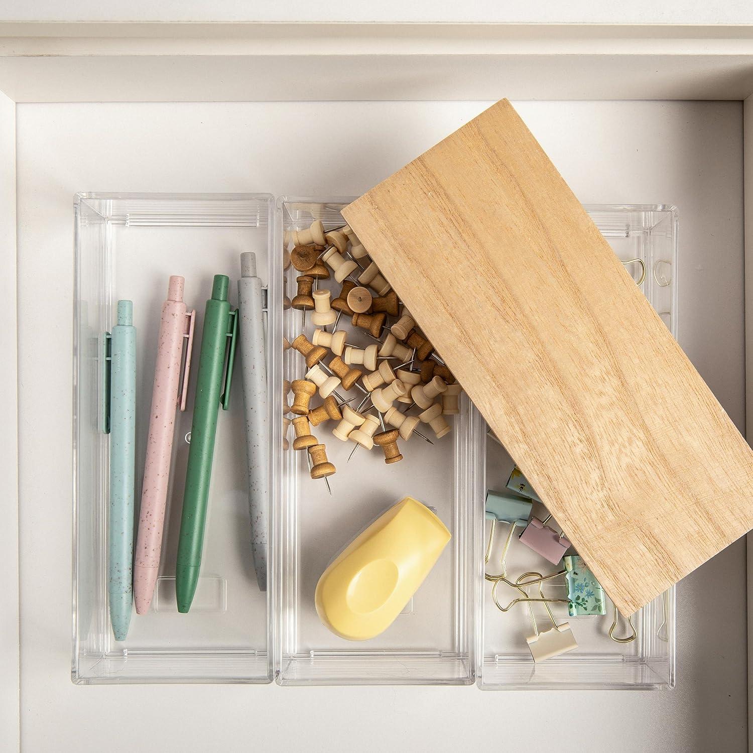 imageMartha Stewart Brody Plastic Storage Organizer Bins with Engineered Wood Lids for Home OfficeKitchen orBathroom 3 Pack 2Small1Medium ClearWhiteClearLight Natural