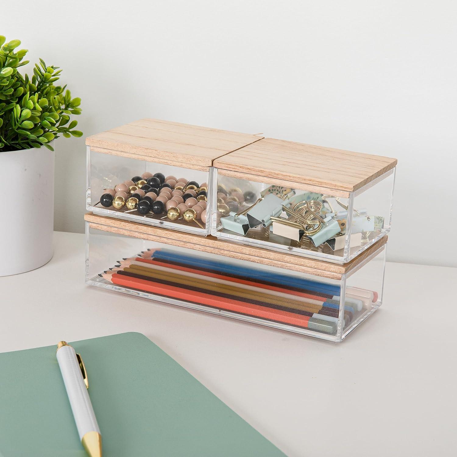 imageMartha Stewart Brody Plastic Storage Organizer Bins with Engineered Wood Lids for Home OfficeKitchen orBathroom 3 Pack 2Small1Medium ClearWhiteClearLight Natural