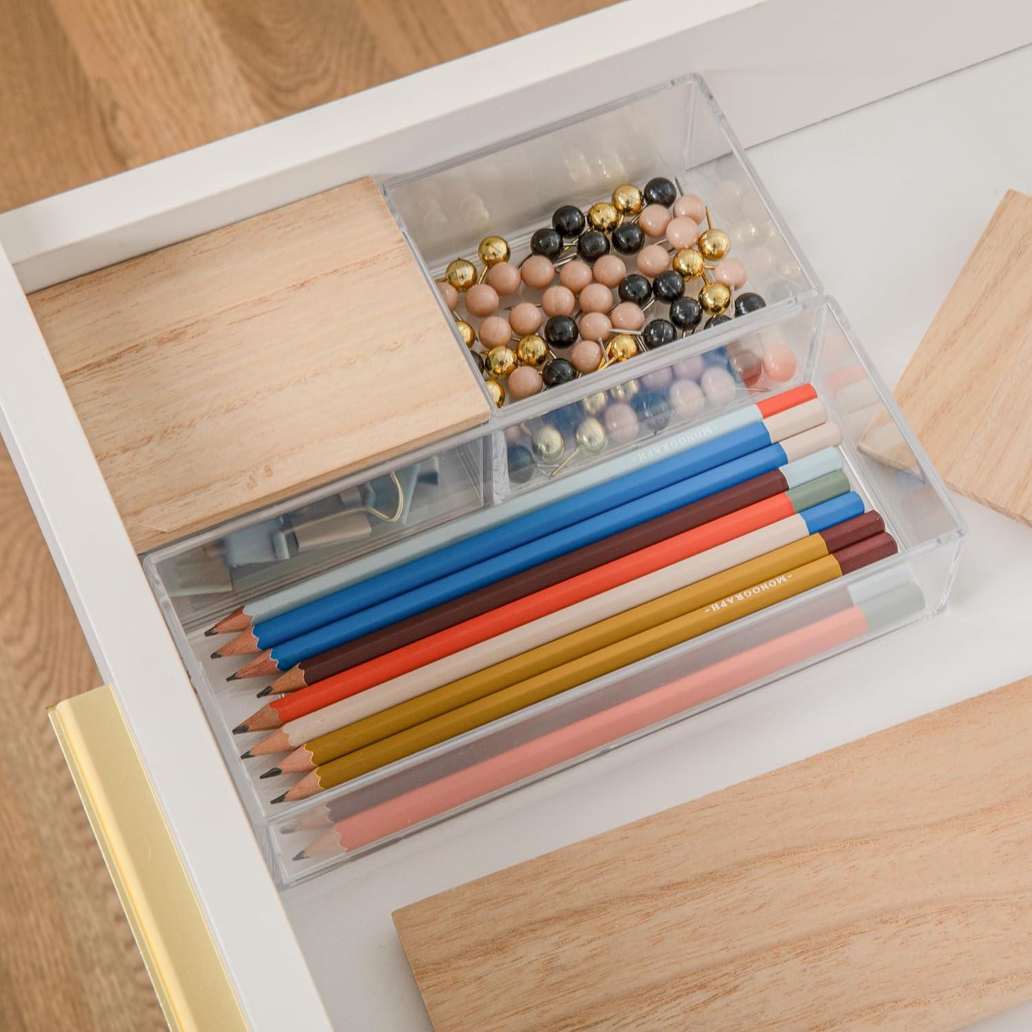 imageMartha Stewart Brody Plastic Storage Organizer Bins with Engineered Wood Lids for Home OfficeKitchen orBathroom 3 Pack 2Small1Medium ClearWhiteClearLight Natural