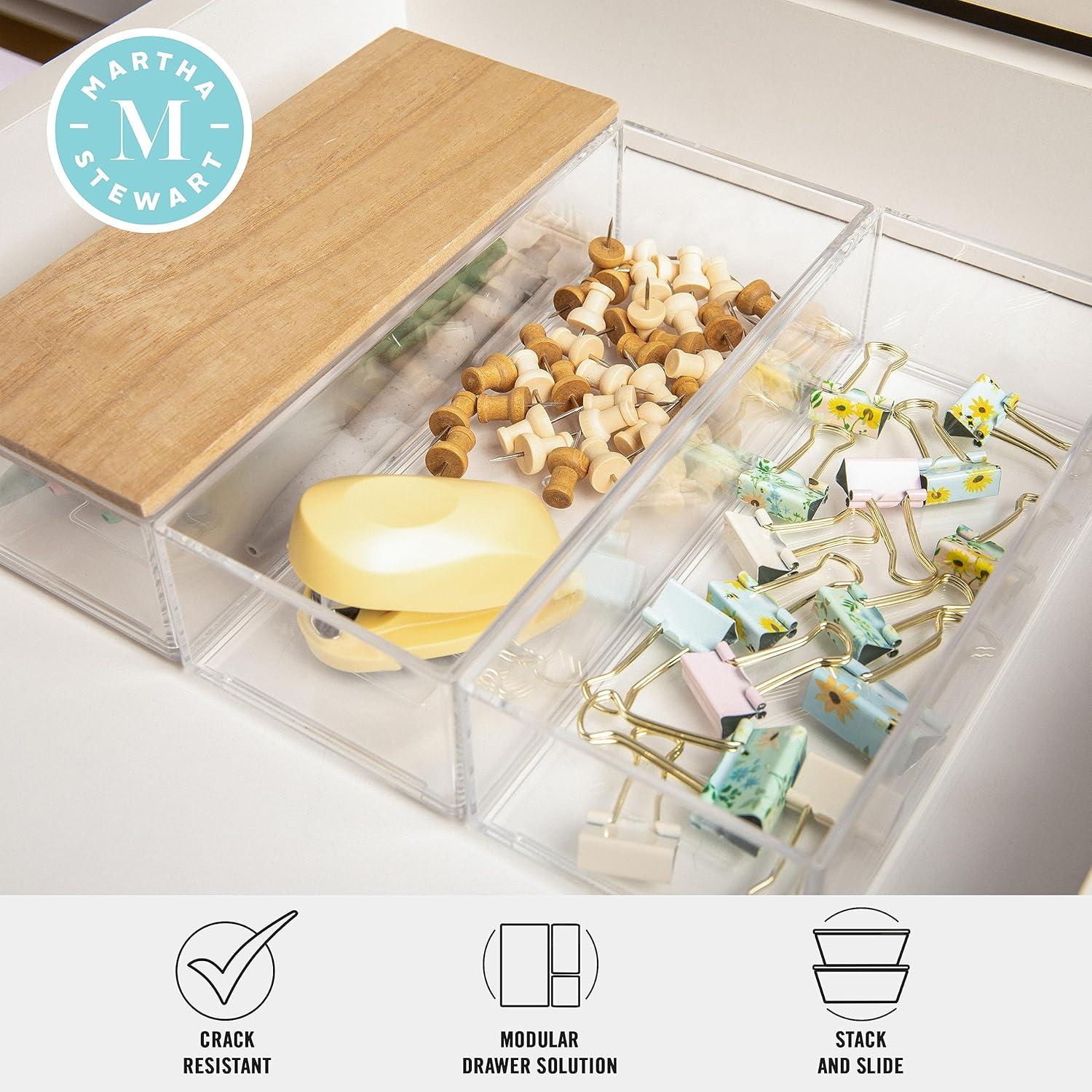 imageMartha Stewart Brody Plastic Storage Organizer Bins with Engineered Wood Lids for Home OfficeKitchen orBathroom 3 Pack 2Small1Medium ClearWhiteClearLight Natural