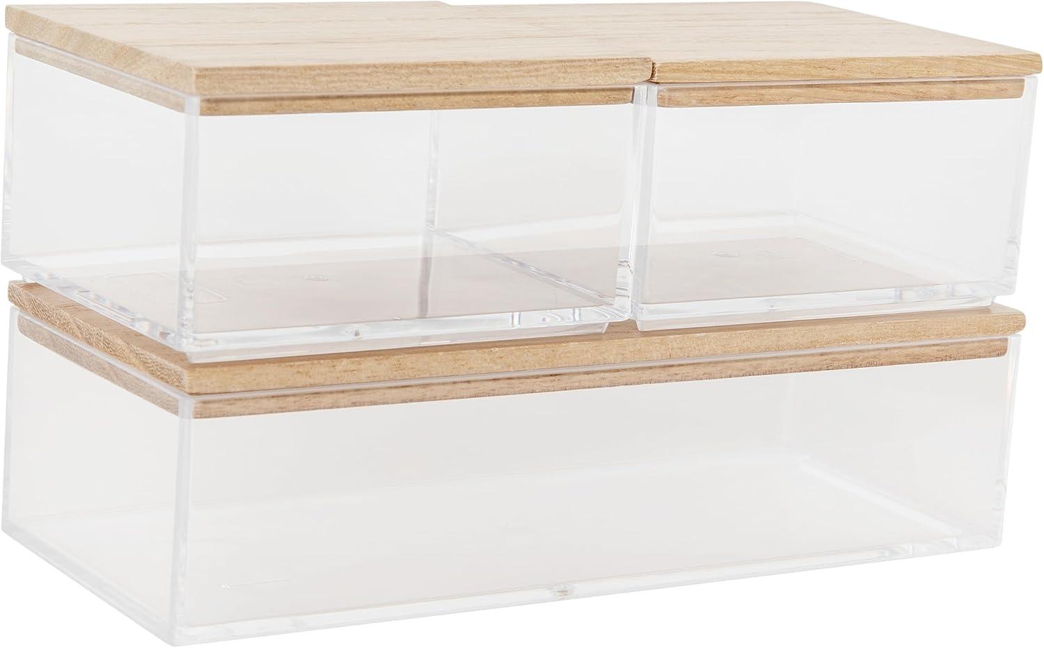 imageMartha Stewart Brody Plastic Storage Organizer Bins with Engineered Wood Lids for Home OfficeKitchen orBathroom 3 Pack 2Small1Medium ClearWhiteClearLight Natural