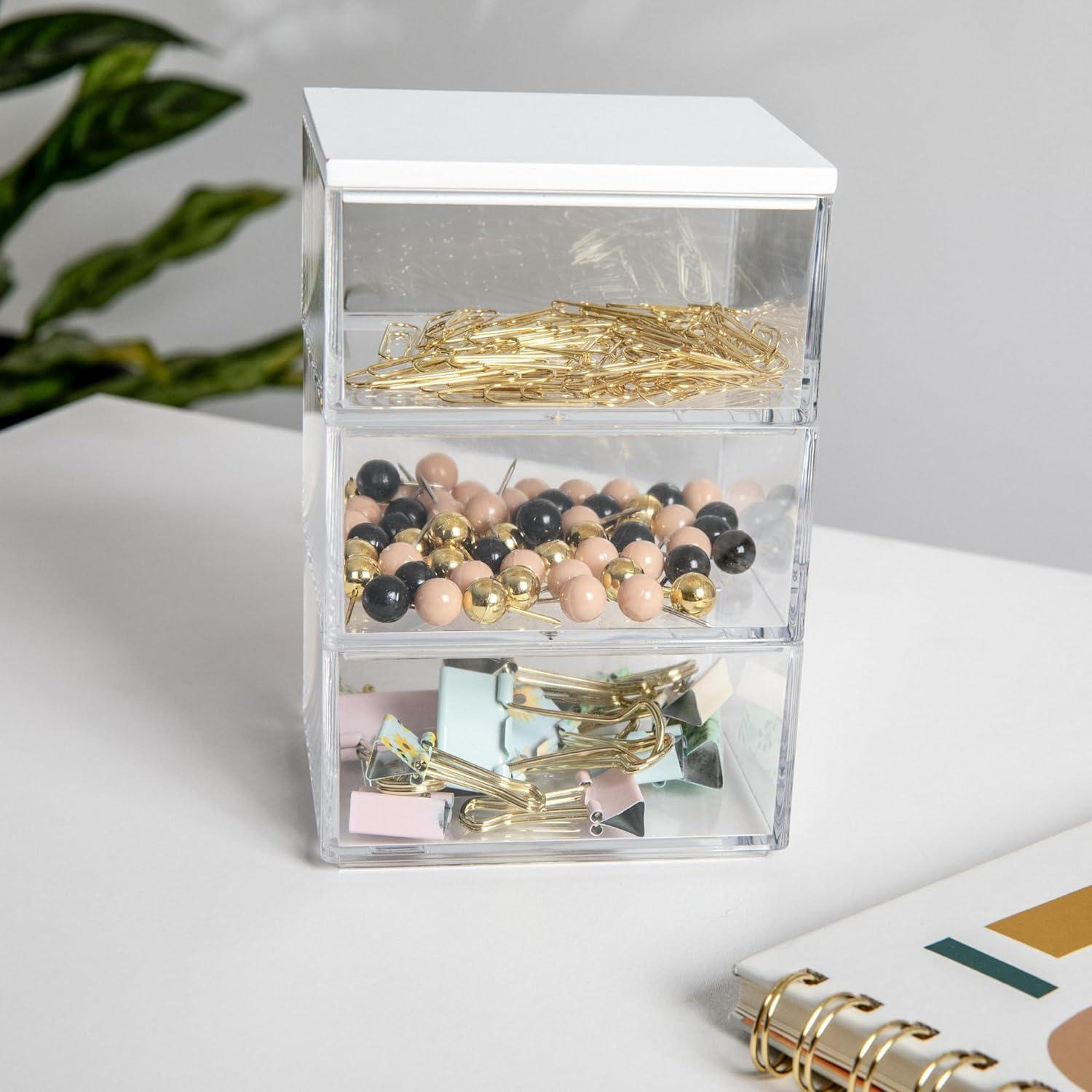 imageMartha Stewart Brody Plastic Storage Organizer Bins with Engineered Wood Lids for Home OfficeKitchen orBathroom 3 Pack 2Small1Medium ClearWhiteClearLight Natural